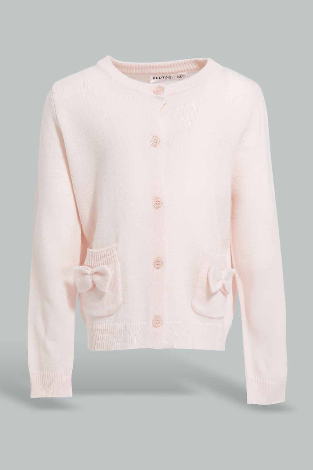 Redtag-Baby-Pink-Bow-Detail-Pocket-Cardigan-Category:Cardigans,-Colour:Apricot,-Deals:New-In,-Filter:Infant-Girls-(3-to-24-Mths),-ING-Cardigans,-New-In-ING-APL,-Non-Sale,-Section:Girls-(0-to-14Yrs),-W22A-Infant-Girls-3 to 24 Months