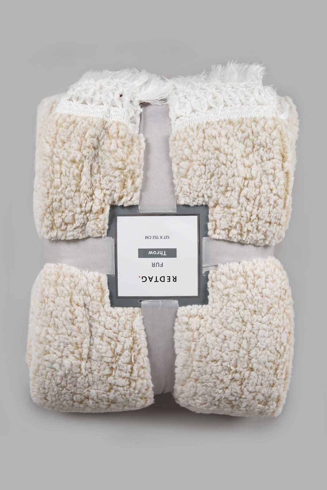 Redtag-Ivory-Fur-Sherpa-Throw-With-Lace-Fringe-Category:Throws,-Colour:Ivory,-Deals:New-In,-Filter:Home-Bedroom,-HMW-BED-Throws,-New-In-HMW-BED,-Non-Sale,-Section:Homewares,-W22A-Home-Bedroom-