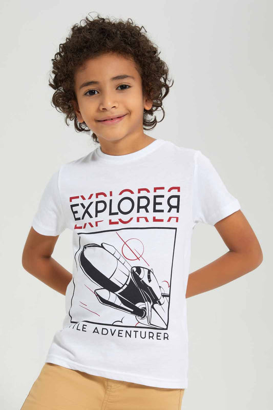 Redtag-White-Explorer-Print-Short-Sleeve-T-Shirt-BOY-T-Shirts,-Category:T-Shirts,-Colour:White,-Deals:New-In,-Filter:Boys-(2-to-8-Yrs),-New-In-BOY-APL,-Non-Sale,-Section:Boys-(0-to-14Yrs),-TBL,-W22A-Boys-2 to 8 Years