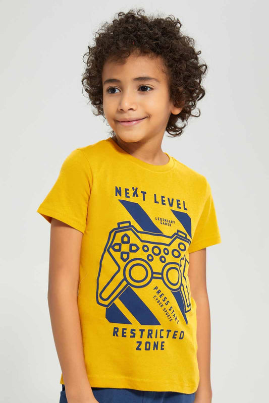 Redtag-Yellow-Gamer-Print-Short-Sleeve-T-Shirt-BOY-T-Shirts,-Category:T-Shirts,-Colour:Yellow,-Deals:New-In,-Filter:Boys-(2-to-8-Yrs),-New-In-BOY-APL,-Non-Sale,-Section:Boys-(0-to-14Yrs),-TBL,-W22A-Boys-2 to 8 Years