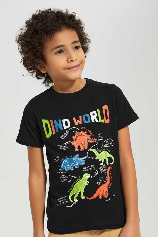 Redtag-Black-Dino-Print-Short-Sleeve-T-Shirt-BOY-T-Shirts,-Category:T-Shirts,-Colour:Black,-Deals:New-In,-Filter:Boys-(2-to-8-Yrs),-New-In-BOY-APL,-Non-Sale,-Section:Boys-(0-to-14Yrs),-TBL,-W22A-Boys-2 to 8 Years