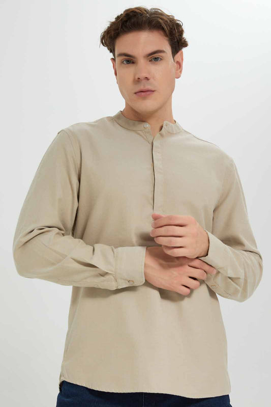 Men Beige Mandarin Oxford Shirt