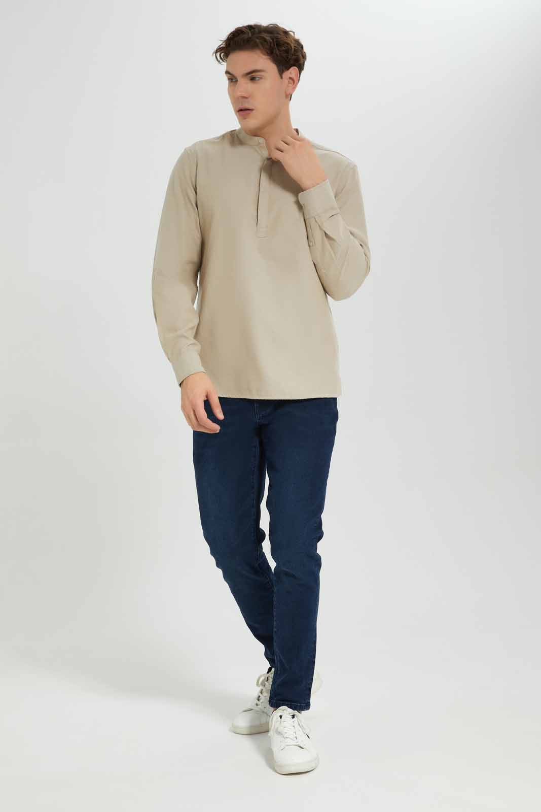 Men Beige Mandarin Oxford Shirt