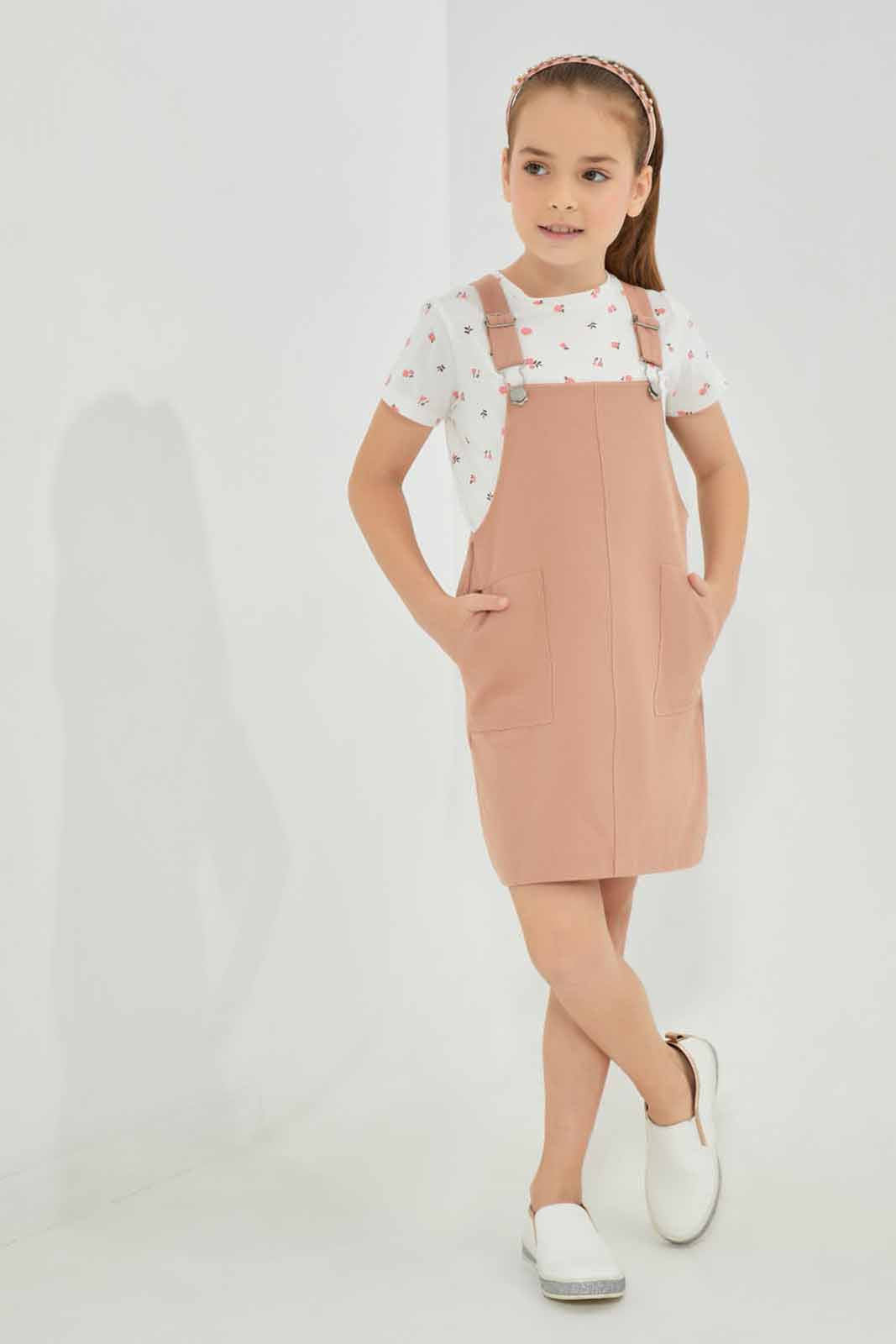 Girls White And Brown Dress Set With T-Shirt (2 Piece)