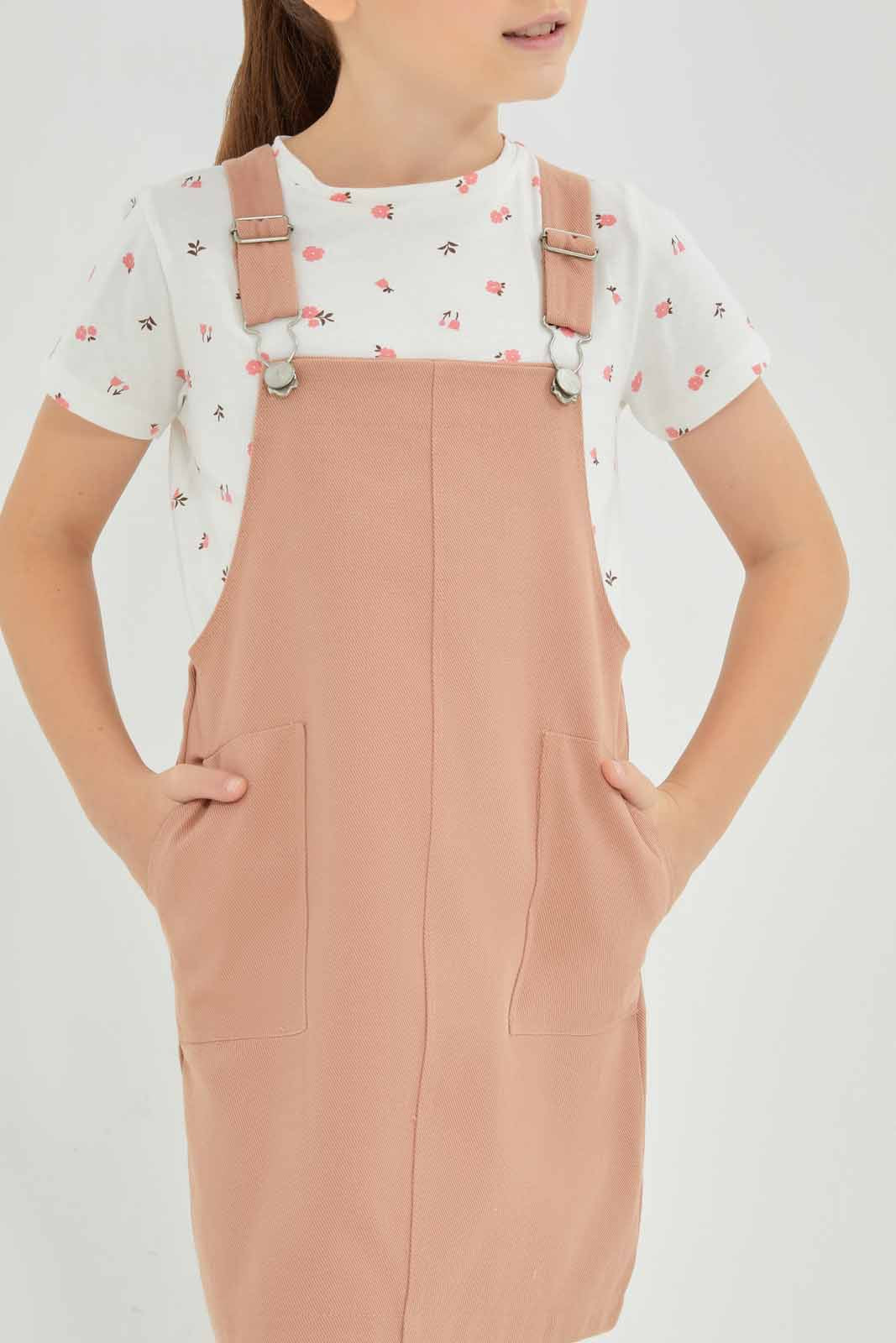 Girls White And Brown Dress Set With T-Shirt (2 Piece)