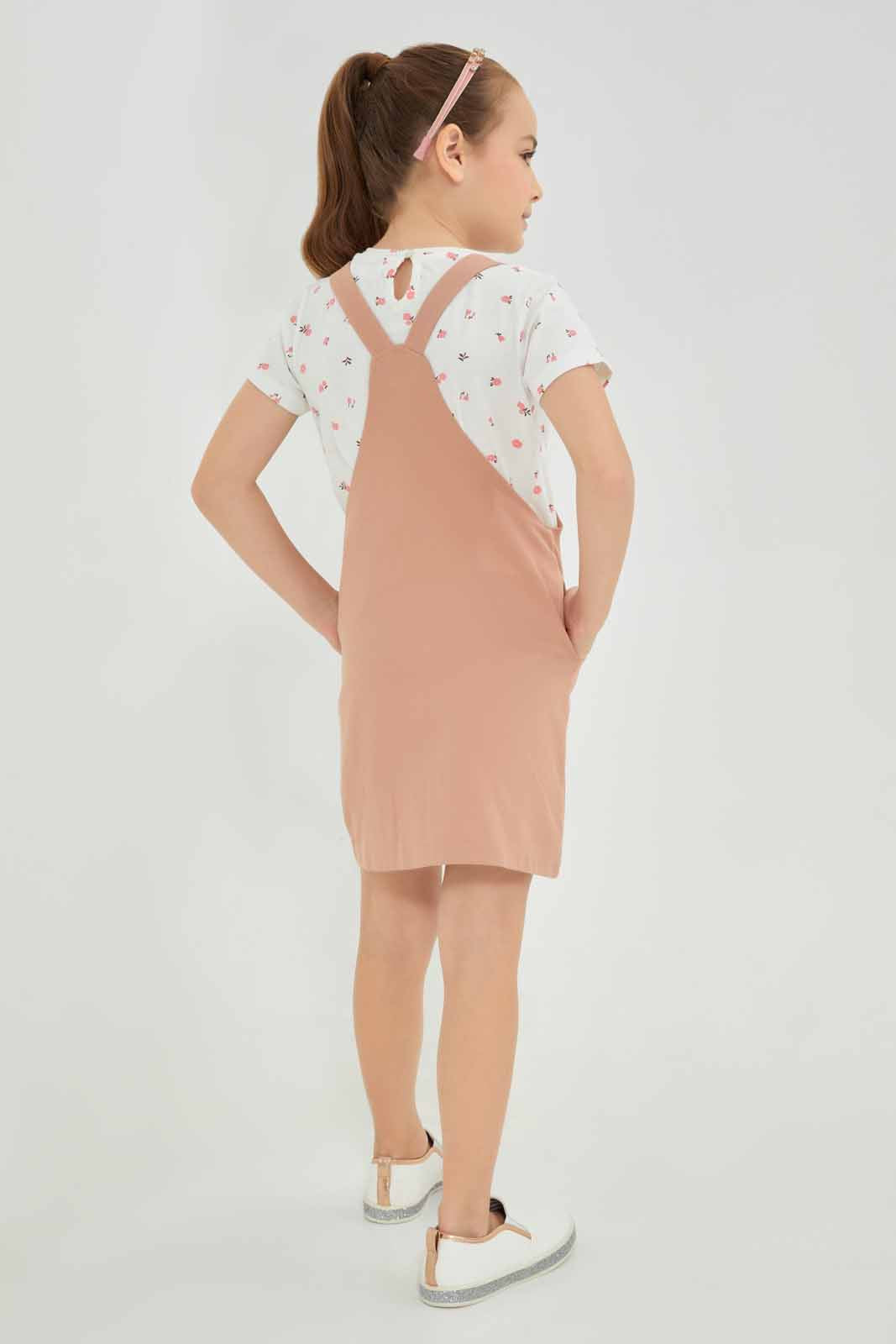 Girls White And Brown Dress Set With T-Shirt (2 Piece)