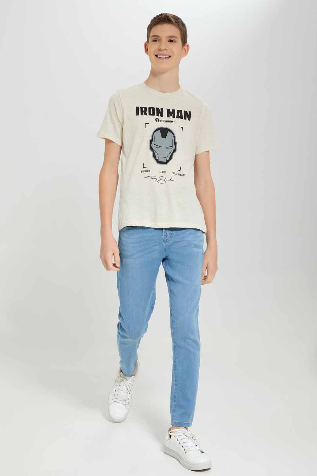 Redtag-Ecru-Mel-Ironman-Tee-BSR-T-Shirts,-Category:T-Shirts,-Colour:Ecru,-Deals:New-In,-Filter:Senior-Boys-(8-to-14-Yrs),-New-In-BSR-APL,-Non-Sale,-Section:Boys-(0-to-14Yrs),-TBL,-W22A-Senior-Boys-9 to 14 Years