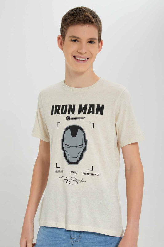 Redtag-Ecru-Mel-Ironman-Tee-BSR-T-Shirts,-Category:T-Shirts,-Colour:Ecru,-Deals:New-In,-Filter:Senior-Boys-(8-to-14-Yrs),-New-In-BSR-APL,-Non-Sale,-Section:Boys-(0-to-14Yrs),-TBL,-W22A-Senior-Boys-9 to 14 Years