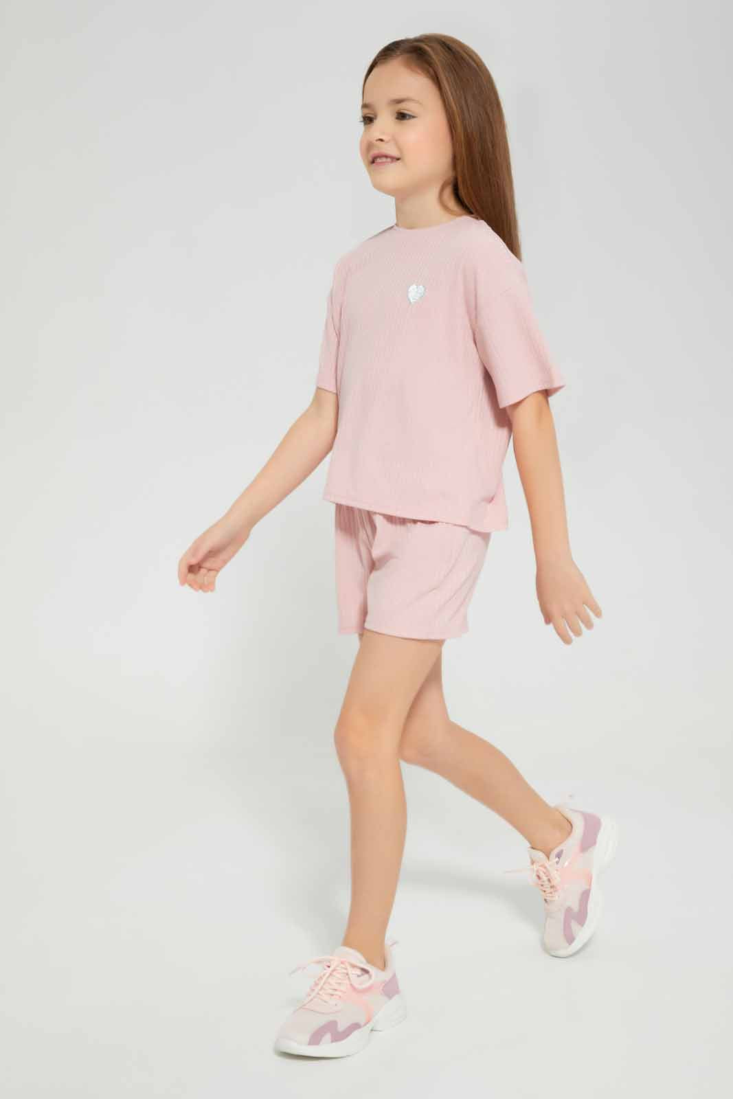 Redtag-Pink-Loungewear-Rib-Shorts-Category:Joggers,-Colour:Apricot,-Deals:New-In,-Filter:Girls-(2-to-8-Yrs),-GIR-Joggers,-New-In-GIR-APL,-Non-Sale,-Section:Girls-(0-to-14Yrs),-W22A-Girls-2 to 8 Years