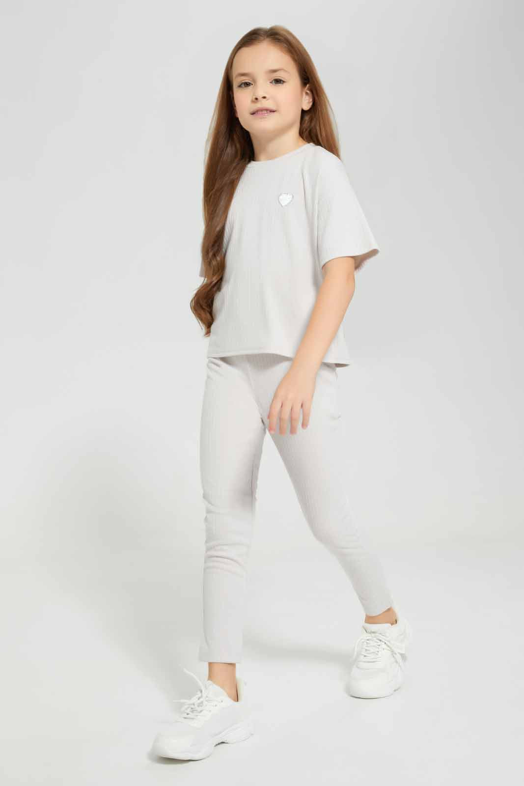 Redtag-Oatmeal-Melange-Loungewear-Boxy-Rib-Tee-Legging-Category:Sweatshirts,-Colour:Beige,-Deals:New-In,-Filter:Girls-(2-to-8-Yrs),-GIR-Sweatshirts,-New-In-GIR-APL,-Non-Sale,-Section:Girls-(0-to-14Yrs),-W22A-Girls-2 to 8 Years