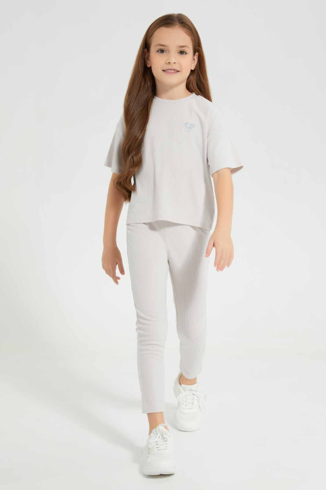 Redtag-Oatmeal-Melange-Loungewear-Wide-Leg-Rib-Legging-Category:Joggers,-Colour:Beige,-Deals:New-In,-Filter:Girls-(2-to-8-Yrs),-GIR-Joggers,-New-In-GIR-APL,-Non-Sale,-Section:Girls-(0-to-14Yrs),-W22A-Girls-2 to 8 Years