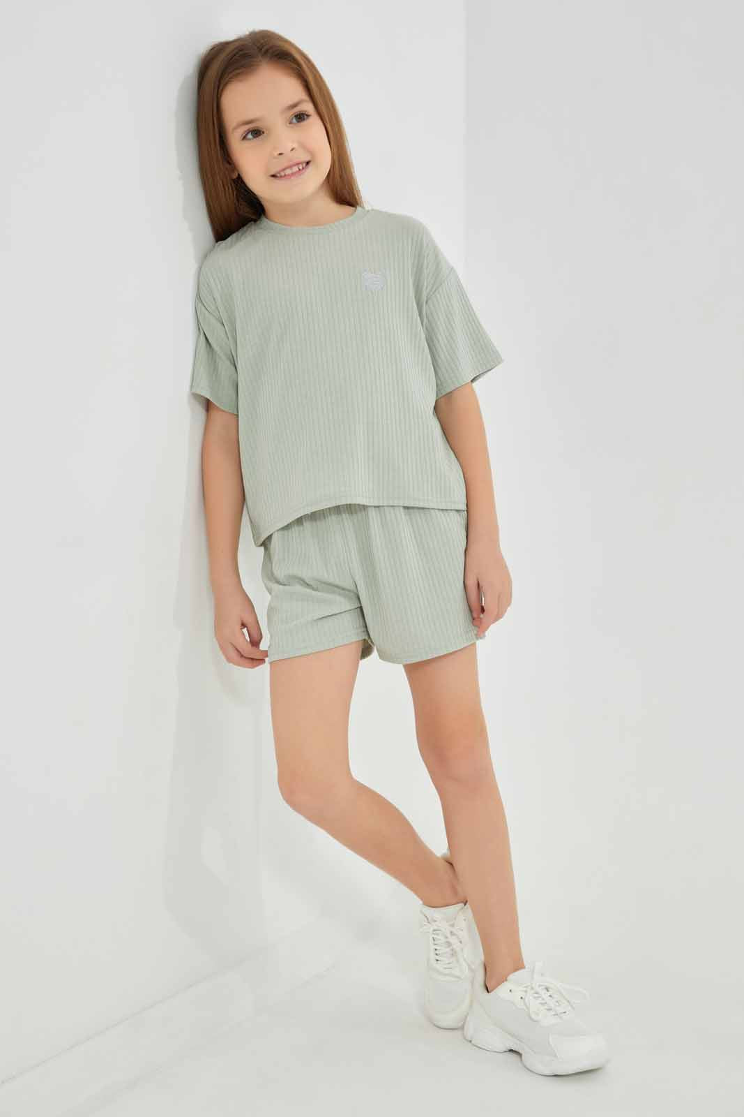 Redtag-Sage-Loungewear-Rib-Shorts-Category:Joggers,-Colour:Green,-Deals:New-In,-Filter:Girls-(2-to-8-Yrs),-GIR-Joggers,-New-In-GIR-APL,-Non-Sale,-Section:Girls-(0-to-14Yrs),-W22A-Girls-2 to 8 Years