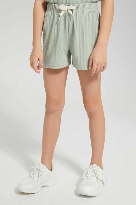 Redtag-Sage-Loungewear-Rib-Shorts-Category:Joggers,-Colour:Green,-Deals:New-In,-Filter:Girls-(2-to-8-Yrs),-GIR-Joggers,-New-In-GIR-APL,-Non-Sale,-Section:Girls-(0-to-14Yrs),-W22A-Girls-2 to 8 Years