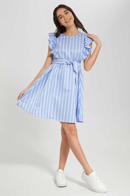 Redtag-Blue/White-Stripes-Ruffled-Front-Dress-Category:Dresses,-Colour:Assorted,-Deals:New-In,-Filter:Senior-Girls-(8-to-14-Yrs),-GSR-Dresses,-New-In-GSR-APL,-Non-Sale,-Section:Girls-(0-to-14Yrs),-W22A-Senior-Girls-9 to 14 Years