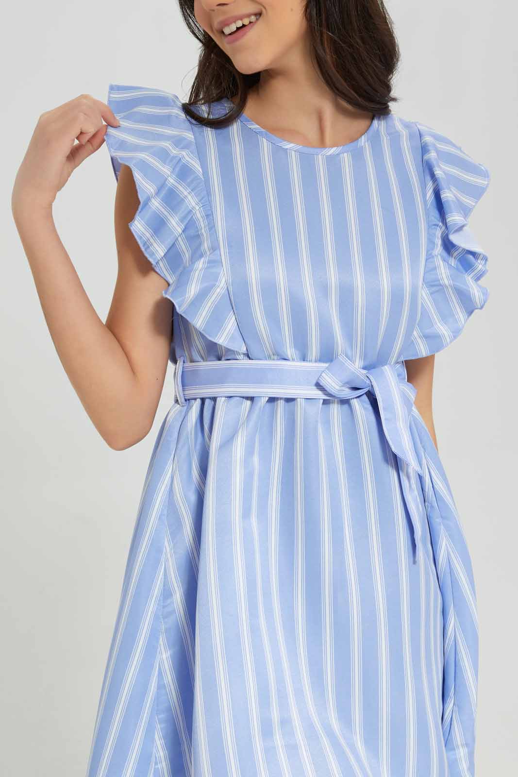 Redtag-Blue/White-Stripes-Ruffled-Front-Dress-Category:Dresses,-Colour:Assorted,-Deals:New-In,-Filter:Senior-Girls-(8-to-14-Yrs),-GSR-Dresses,-New-In-GSR-APL,-Non-Sale,-Section:Girls-(0-to-14Yrs),-W22A-Senior-Girls-9 to 14 Years
