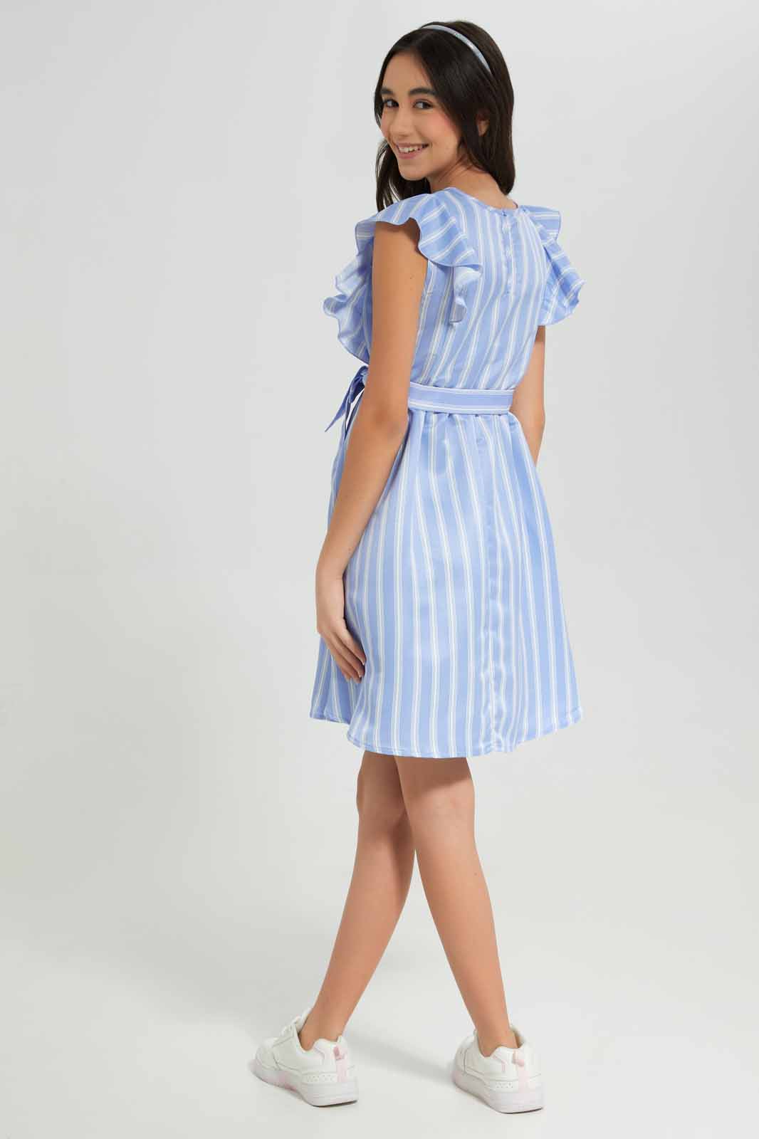 Redtag-Blue/White-Stripes-Ruffled-Front-Dress-Category:Dresses,-Colour:Assorted,-Deals:New-In,-Filter:Senior-Girls-(8-to-14-Yrs),-GSR-Dresses,-New-In-GSR-APL,-Non-Sale,-Section:Girls-(0-to-14Yrs),-W22A-Senior-Girls-9 to 14 Years