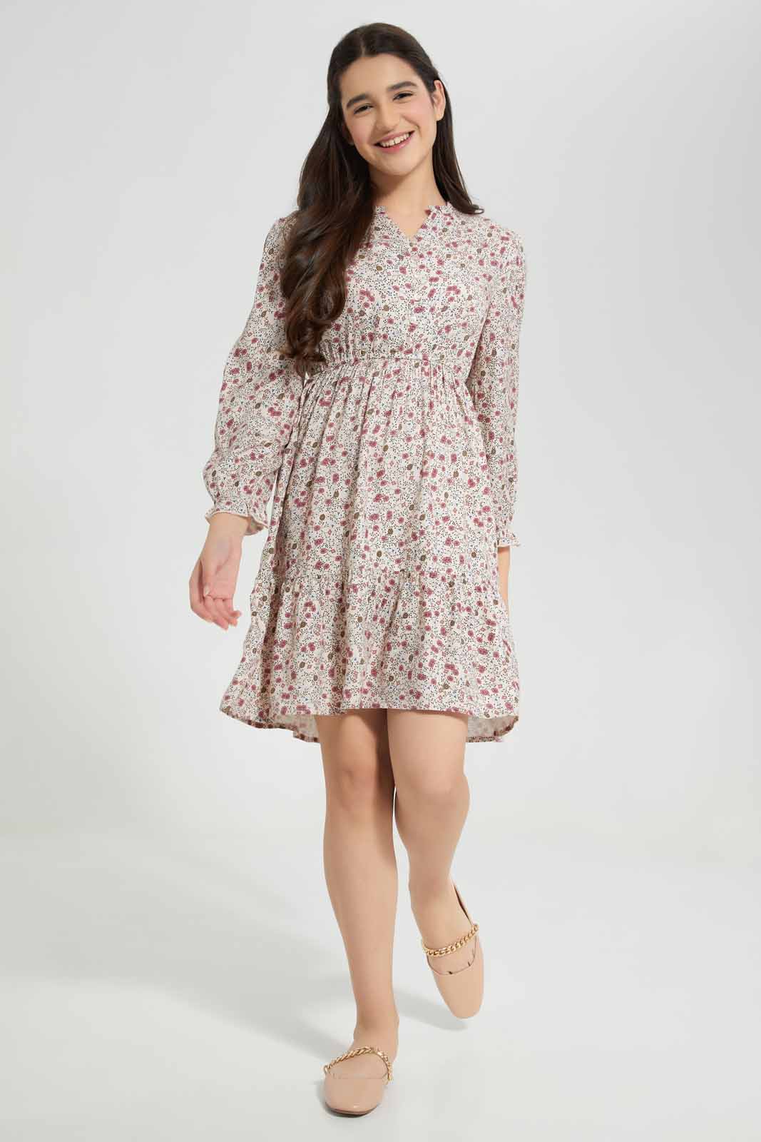 Redtag-Beige/Pink-Floral-Print-Dress-Category:Dresses,-Colour:Assorted,-Deals:New-In,-Filter:Senior-Girls-(8-to-14-Yrs),-GSR-Dresses,-New-In-GSR-APL,-Non-Sale,-Section:Girls-(0-to-14Yrs),-W22A-Senior-Girls-9 to 14 Years