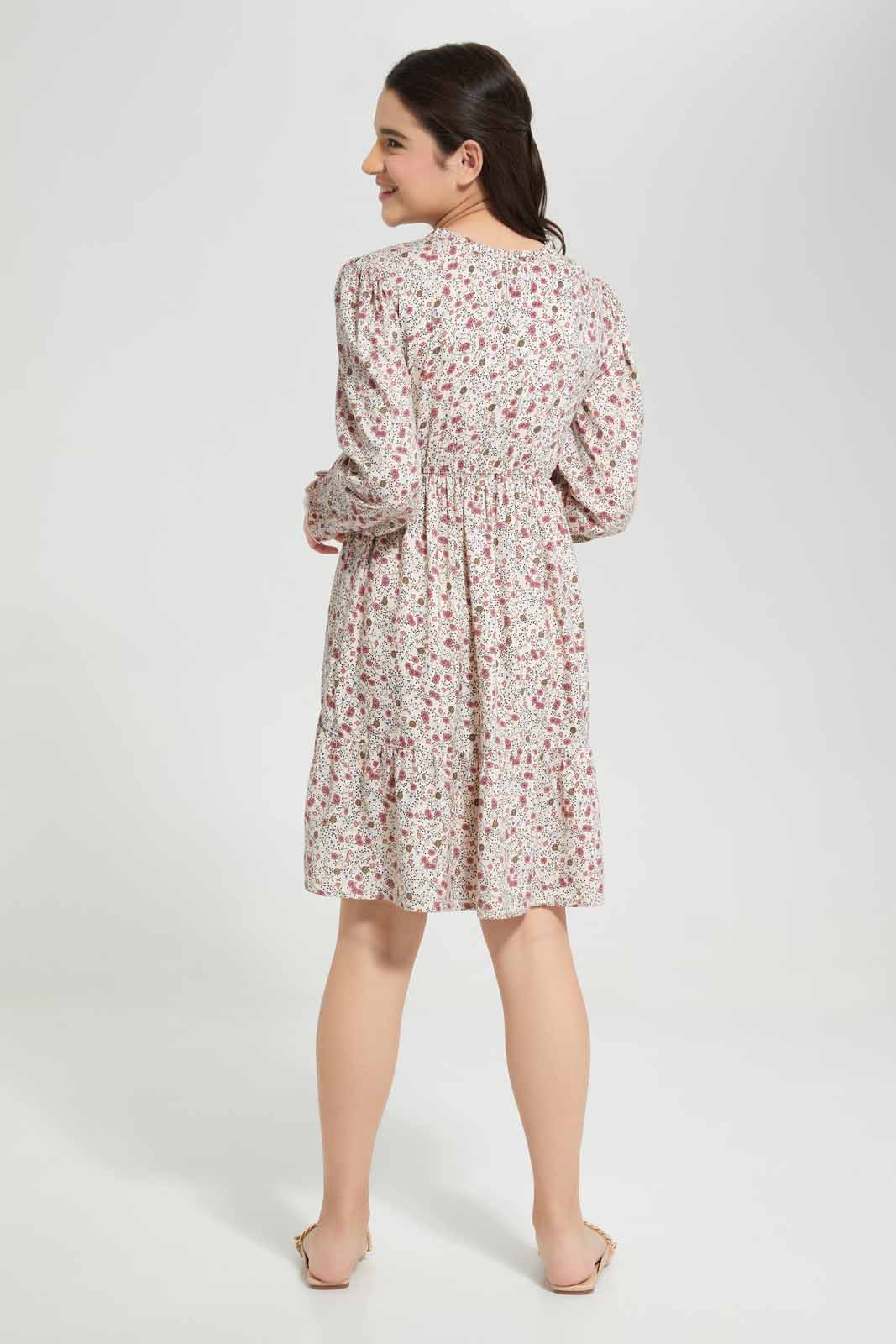 Redtag-Beige/Pink-Floral-Print-Dress-Category:Dresses,-Colour:Assorted,-Deals:New-In,-Filter:Senior-Girls-(8-to-14-Yrs),-GSR-Dresses,-New-In-GSR-APL,-Non-Sale,-Section:Girls-(0-to-14Yrs),-W22A-Senior-Girls-9 to 14 Years