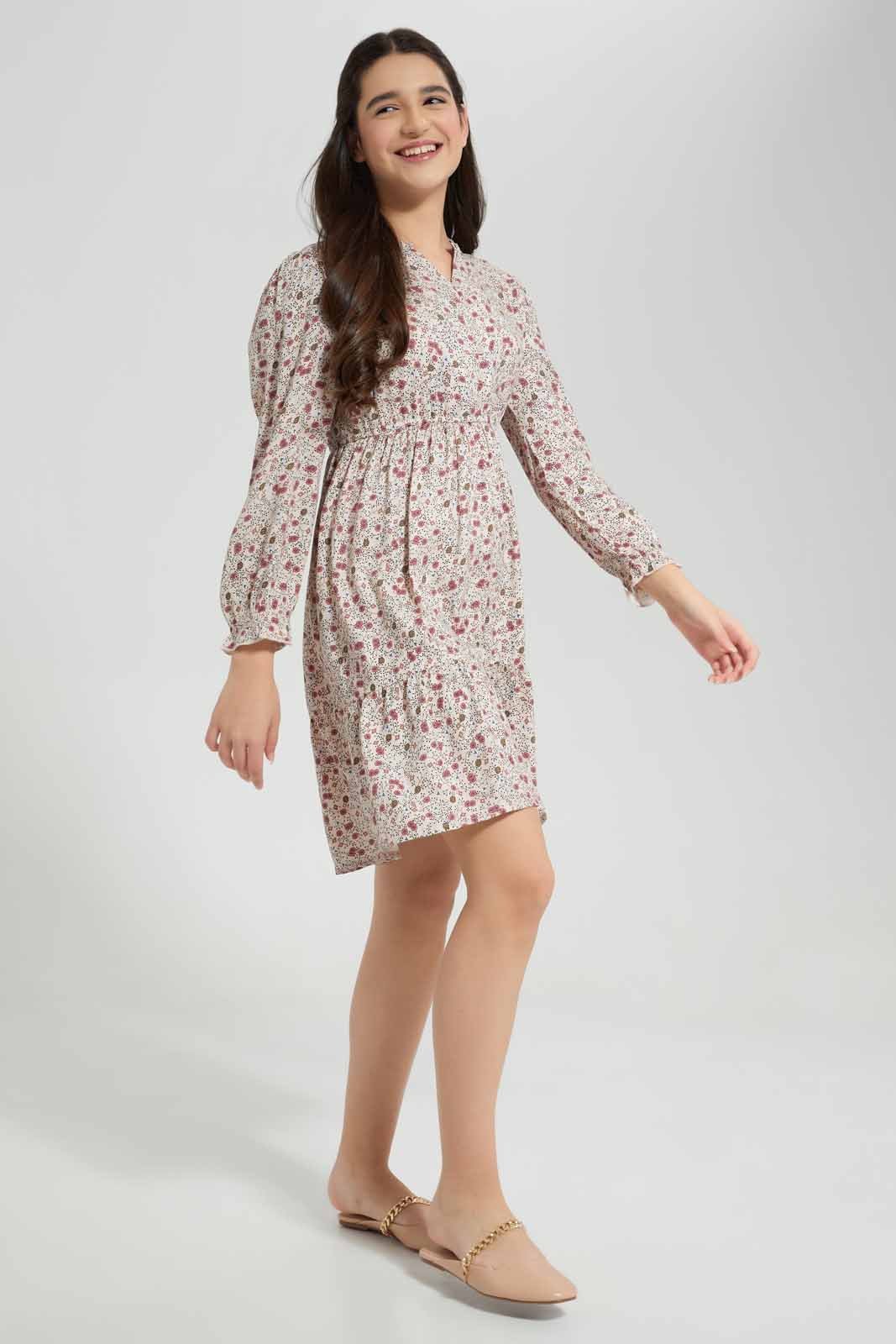 Redtag-Beige/Pink-Floral-Print-Dress-Category:Dresses,-Colour:Assorted,-Deals:New-In,-Filter:Senior-Girls-(8-to-14-Yrs),-GSR-Dresses,-New-In-GSR-APL,-Non-Sale,-Section:Girls-(0-to-14Yrs),-W22A-Senior-Girls-9 to 14 Years