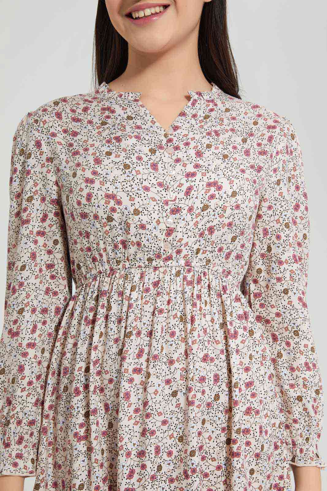 Redtag-Beige/Pink-Floral-Print-Dress-Category:Dresses,-Colour:Assorted,-Deals:New-In,-Filter:Senior-Girls-(8-to-14-Yrs),-GSR-Dresses,-New-In-GSR-APL,-Non-Sale,-Section:Girls-(0-to-14Yrs),-W22A-Senior-Girls-9 to 14 Years