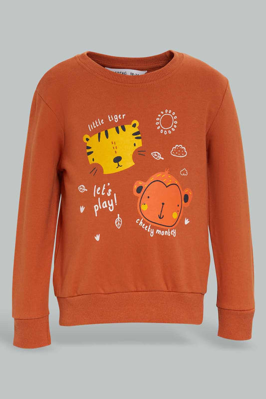 Redtag-Rust-Tiger-Crew-Sweatshirts-Category:Sweatshirts,-Colour:Tan,-Deals:New-In,-Dept:Boys,-Filter:Infant-Boys-(3-to-24-Mths),-INB-Sweatshirts,-New-In-INB-APL,-Non-Sale,-Section:Boys-(0-to-14Yrs),-TBL,-W22B-Infant-Boys-3 to 24 Months