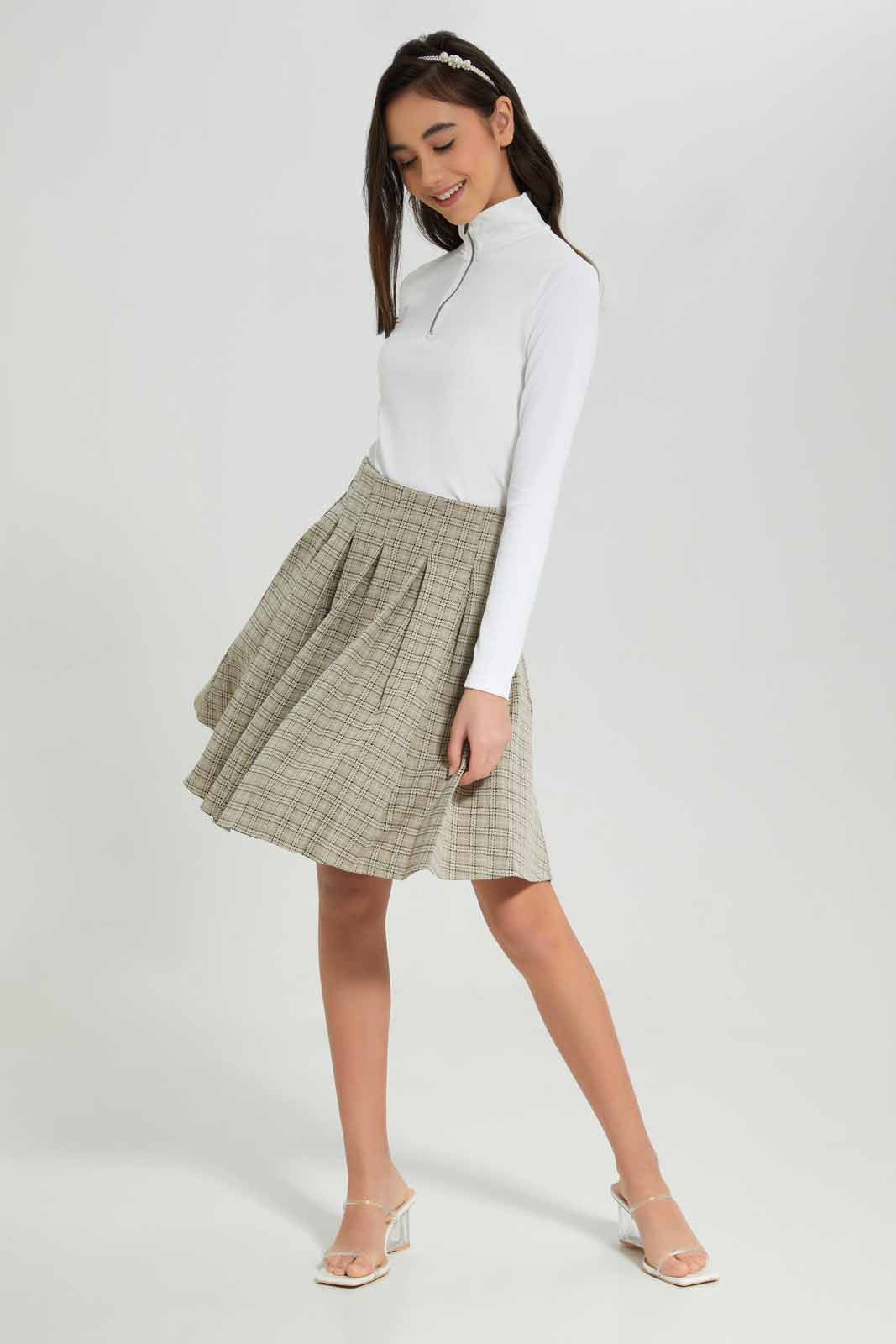Redtag-Beige-Plaid-Skirts-Category:Skirts,-Colour:Assorted,-Deals:New-In,-Filter:Senior-Girls-(8-to-14-Yrs),-GSR-Skirts,-New-In-GSR-APL,-Non-Sale,-Section:Girls-(0-to-14Yrs),-W22A-Senior-Girls-9 to 14 Years