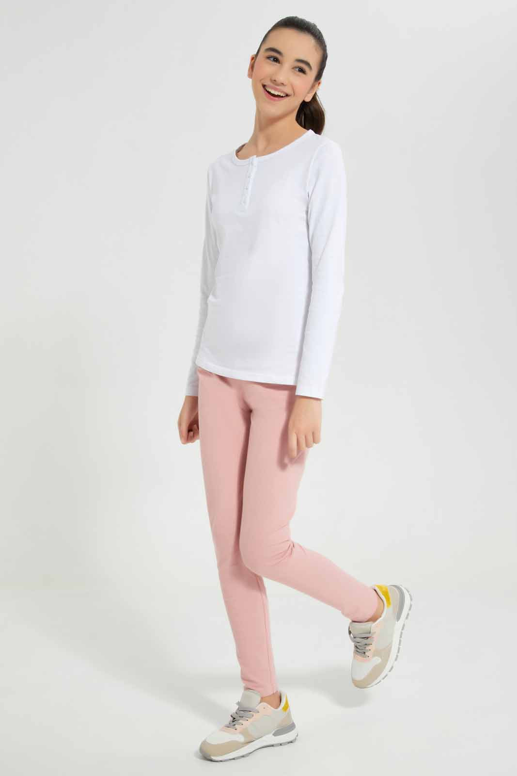 Redtag-White-L/s-Front-Half-Placket-Top-Category:T-Shirts,-Colour:White,-Deals:New-In,-Filter:Senior-Girls-(8-to-14-Yrs),-GSR-T-Shirts,-New-In-GSR-APL,-Non-Sale,-Section:Girls-(0-to-14Yrs),-TBL,-W22A-Senior-Girls-9 to 14 Years