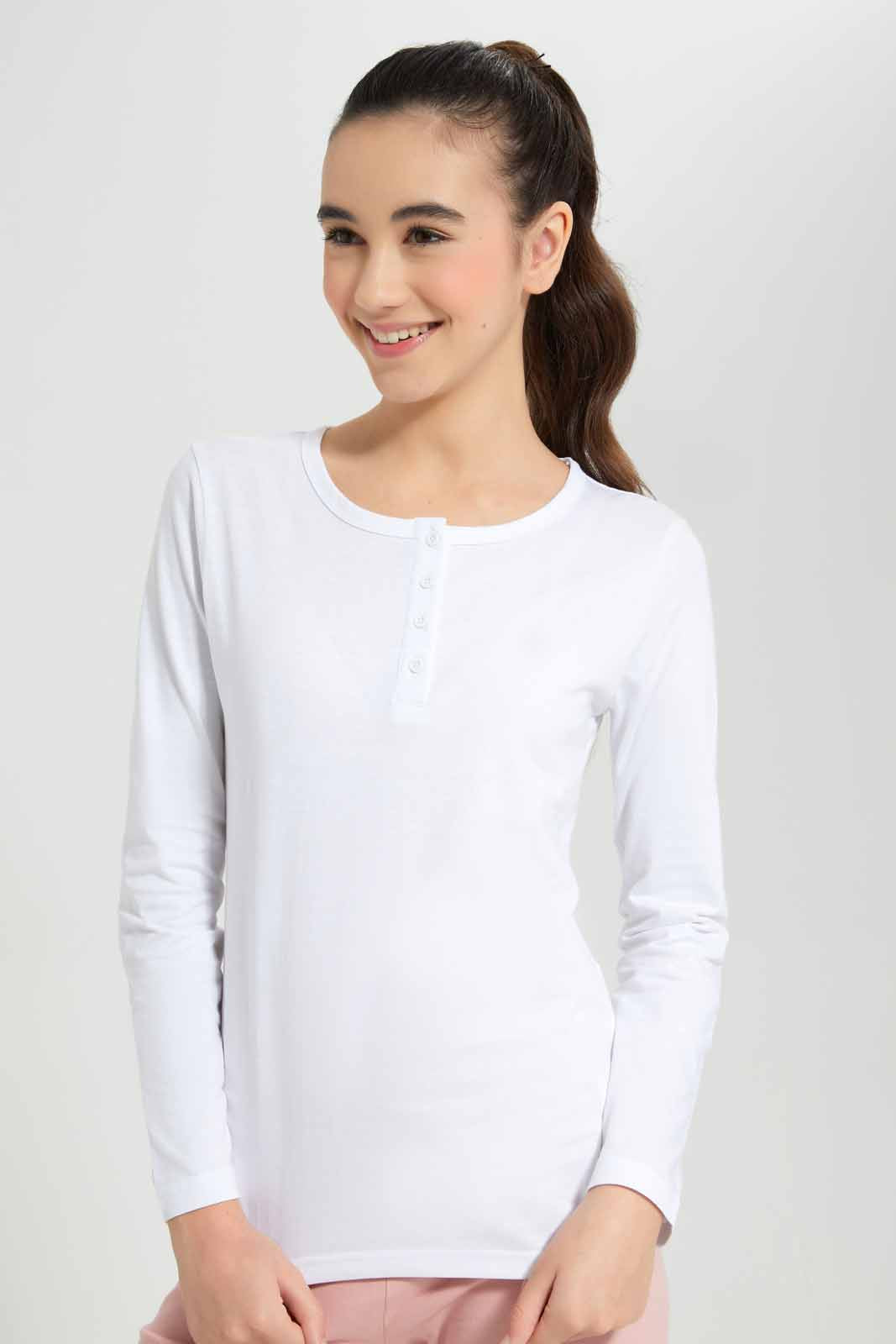 Redtag-White-L/s-Front-Half-Placket-Top-Category:T-Shirts,-Colour:White,-Deals:New-In,-Filter:Senior-Girls-(8-to-14-Yrs),-GSR-T-Shirts,-New-In-GSR-APL,-Non-Sale,-Section:Girls-(0-to-14Yrs),-TBL,-W22A-Senior-Girls-9 to 14 Years