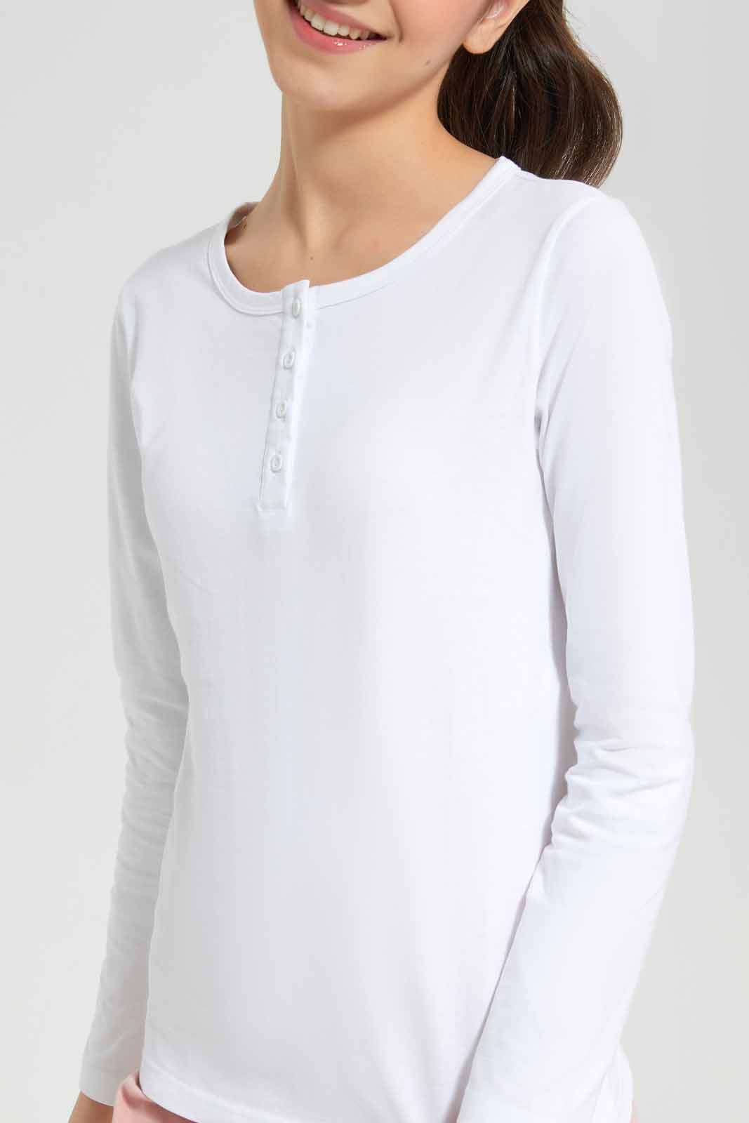 Redtag-White-L/s-Front-Half-Placket-Top-Category:T-Shirts,-Colour:White,-Deals:New-In,-Filter:Senior-Girls-(8-to-14-Yrs),-GSR-T-Shirts,-New-In-GSR-APL,-Non-Sale,-Section:Girls-(0-to-14Yrs),-TBL,-W22A-Senior-Girls-9 to 14 Years
