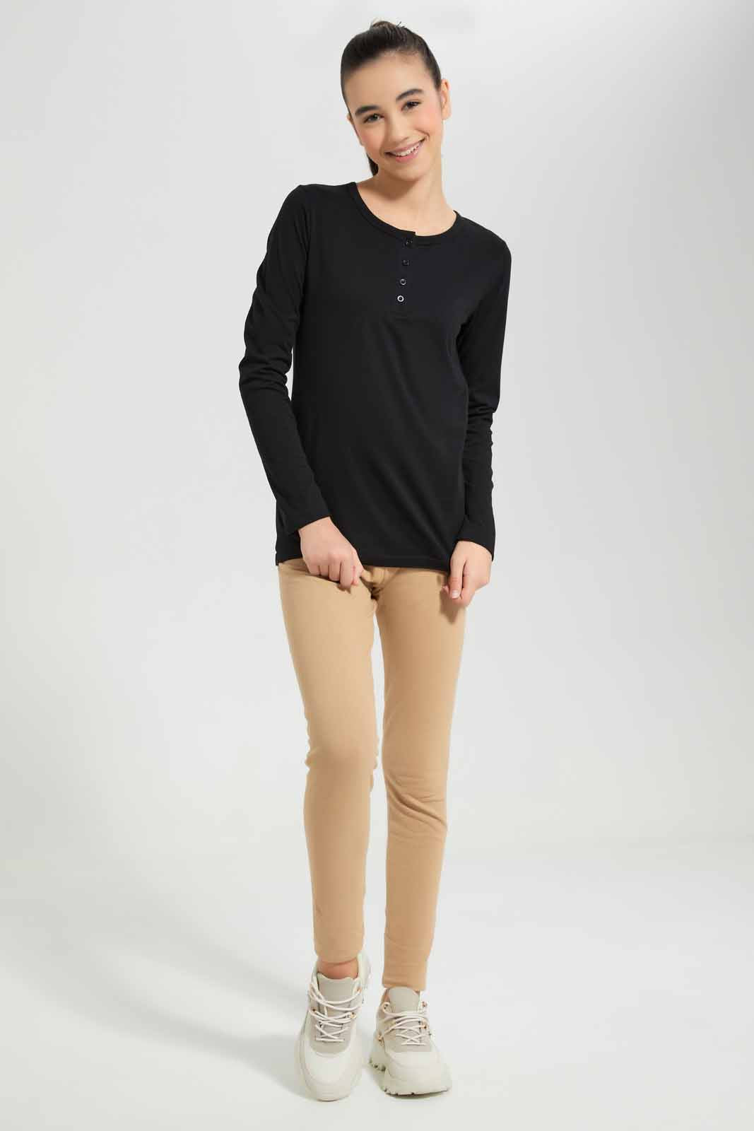 Redtag-Black-L/s-Front-Half-Placket-Top-Category:T-Shirts,-Colour:Black,-Deals:New-In,-Filter:Senior-Girls-(8-to-14-Yrs),-GSR-T-Shirts,-New-In-GSR-APL,-Non-Sale,-Section:Girls-(0-to-14Yrs),-TBL,-W22A-Senior-Girls-9 to 14 Years