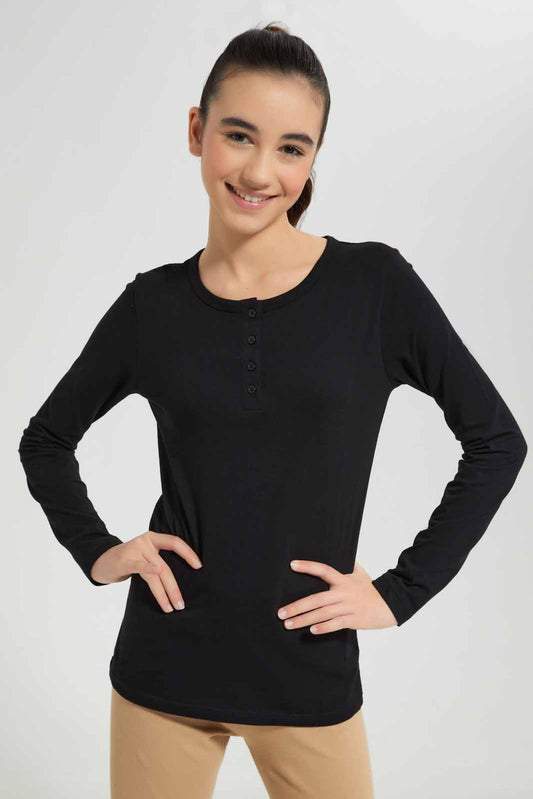 Redtag-Black-L/s-Front-Half-Placket-Top-Category:T-Shirts,-Colour:Black,-Deals:New-In,-Filter:Senior-Girls-(8-to-14-Yrs),-GSR-T-Shirts,-New-In-GSR-APL,-Non-Sale,-Section:Girls-(0-to-14Yrs),-TBL,-W22A-Senior-Girls-9 to 14 Years