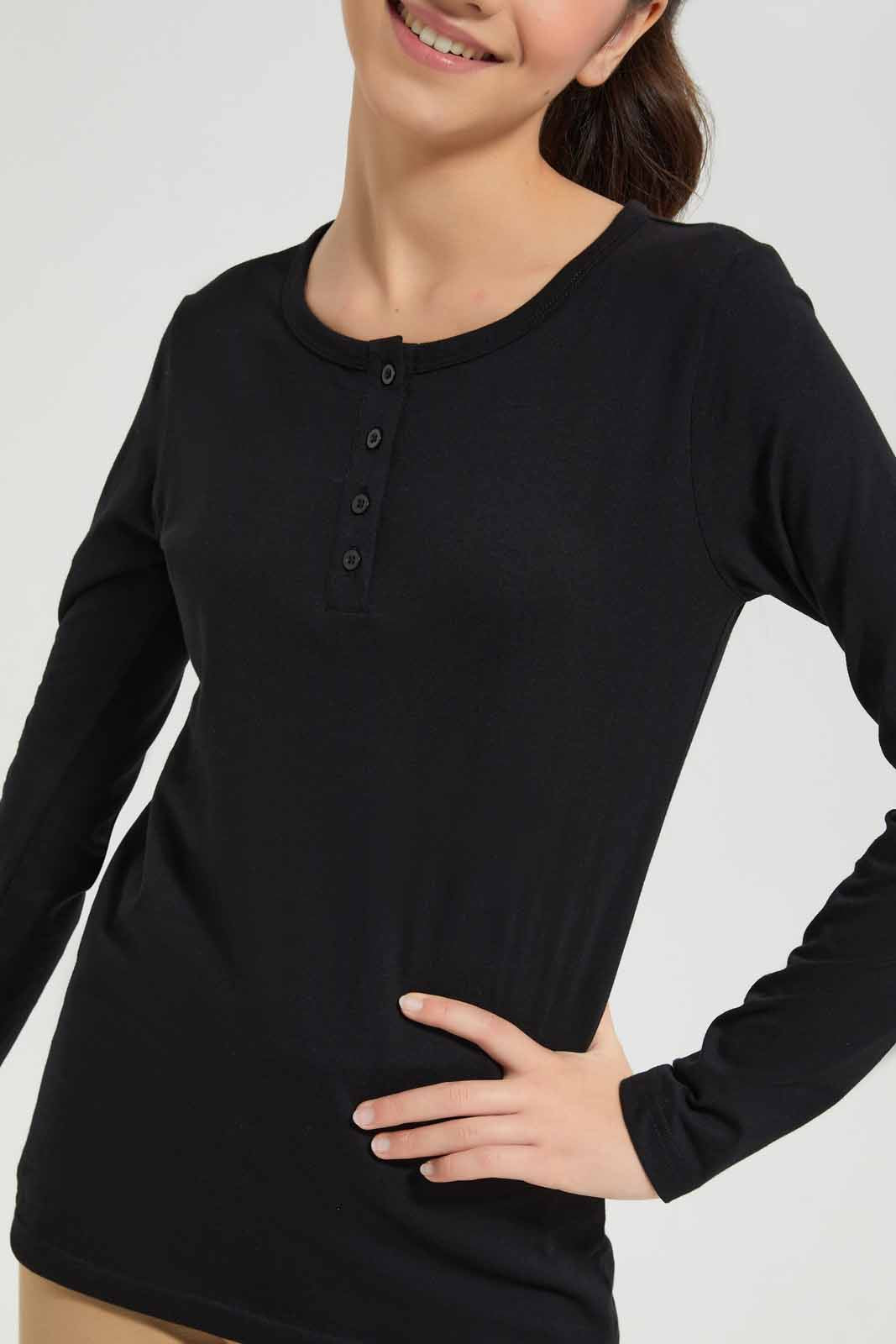 Redtag-Black-L/s-Front-Half-Placket-Top-Category:T-Shirts,-Colour:Black,-Deals:New-In,-Filter:Senior-Girls-(8-to-14-Yrs),-GSR-T-Shirts,-New-In-GSR-APL,-Non-Sale,-Section:Girls-(0-to-14Yrs),-TBL,-W22A-Senior-Girls-9 to 14 Years