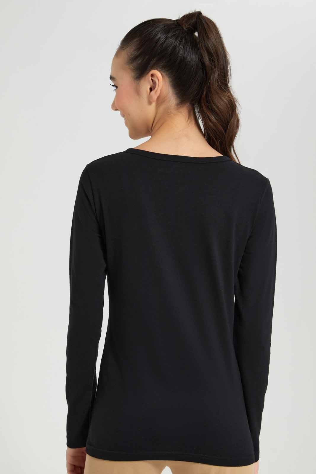 Redtag-Black-L/s-Front-Half-Placket-Top-Category:T-Shirts,-Colour:Black,-Deals:New-In,-Filter:Senior-Girls-(8-to-14-Yrs),-GSR-T-Shirts,-New-In-GSR-APL,-Non-Sale,-Section:Girls-(0-to-14Yrs),-TBL,-W22A-Senior-Girls-9 to 14 Years