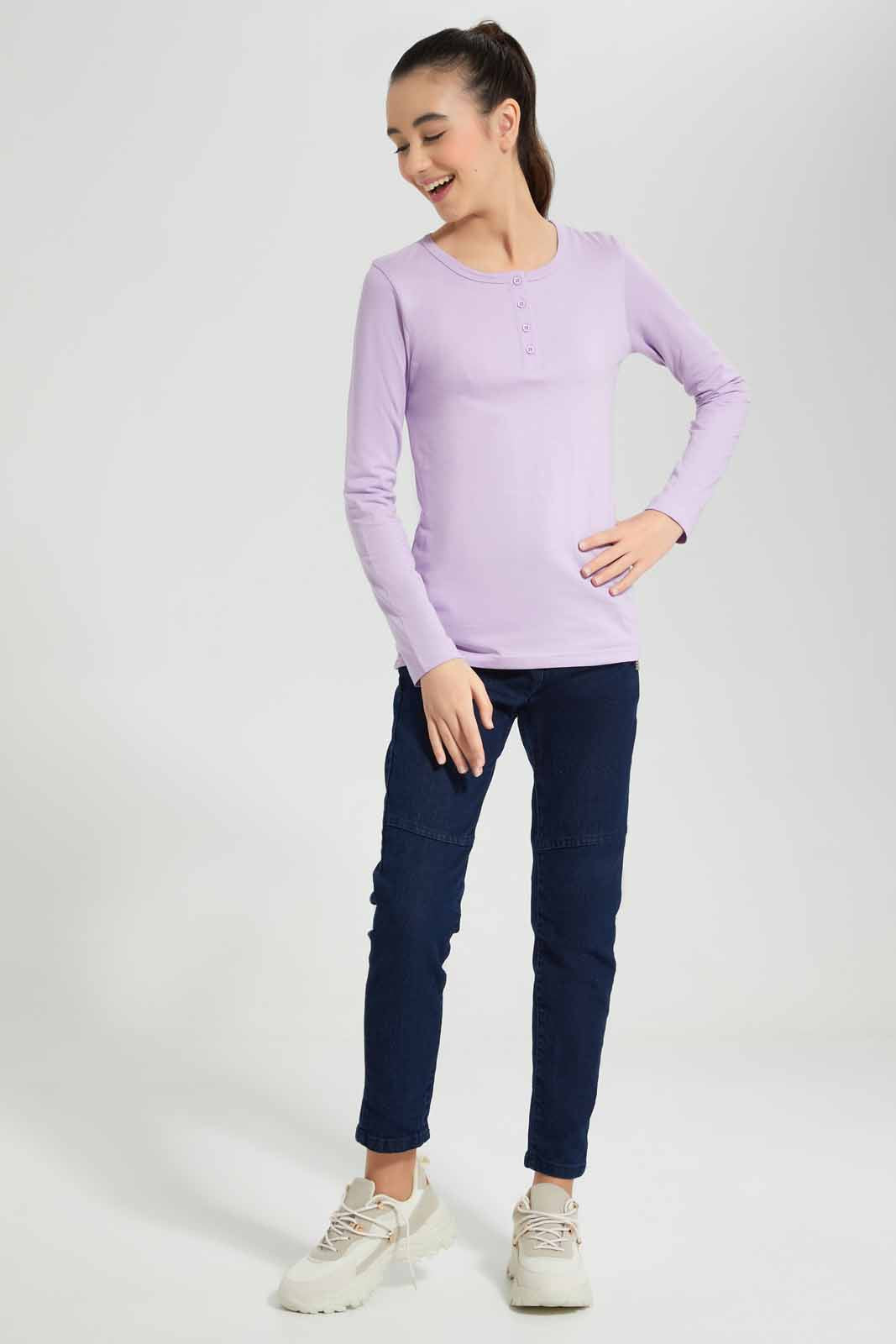 Redtag-Purple-L/s-Front-Half-Placket-Top-Category:T-Shirts,-Colour:Purple,-Deals:New-In,-Filter:Senior-Girls-(8-to-14-Yrs),-GSR-T-Shirts,-New-In-GSR-APL,-Non-Sale,-Section:Girls-(0-to-14Yrs),-TBL,-W22A-Senior-Girls-9 to 14 Years
