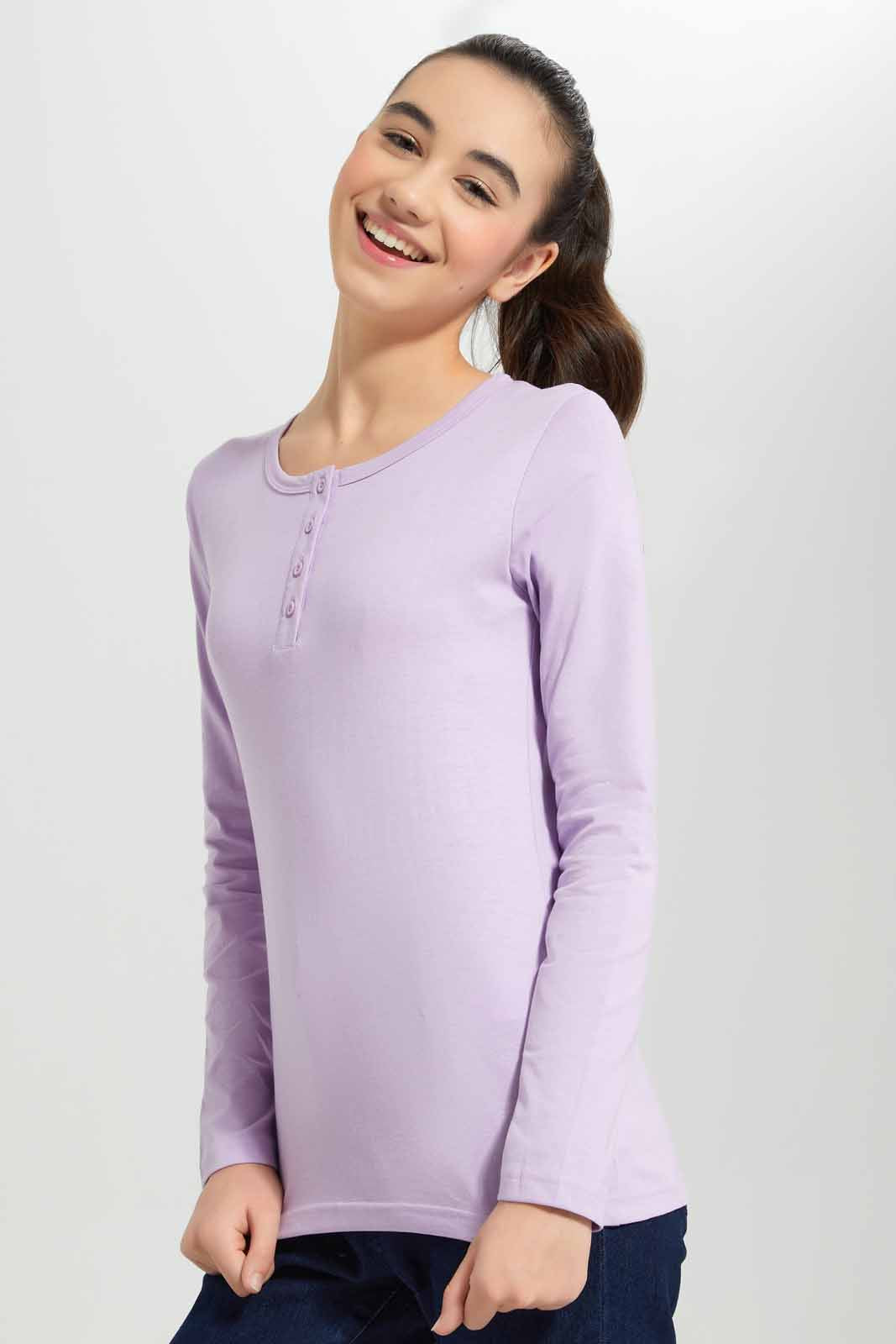 Redtag-Purple-L/s-Front-Half-Placket-Top-Category:T-Shirts,-Colour:Purple,-Deals:New-In,-Filter:Senior-Girls-(8-to-14-Yrs),-GSR-T-Shirts,-New-In-GSR-APL,-Non-Sale,-Section:Girls-(0-to-14Yrs),-TBL,-W22A-Senior-Girls-9 to 14 Years