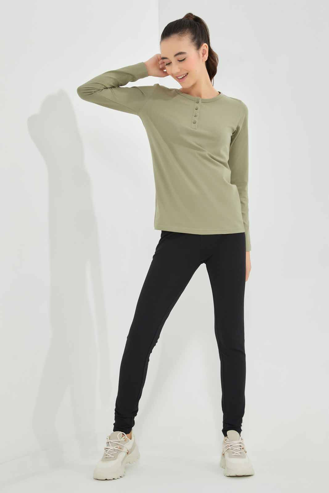 Redtag-Olive-L/s-Front-Half-Placket-Top-Category:T-Shirts,-Colour:Green,-Deals:New-In,-Filter:Senior-Girls-(8-to-14-Yrs),-GSR-T-Shirts,-New-In-GSR-APL,-Non-Sale,-Section:Girls-(0-to-14Yrs),-TBL,-W22A-Senior-Girls-9 to 14 Years