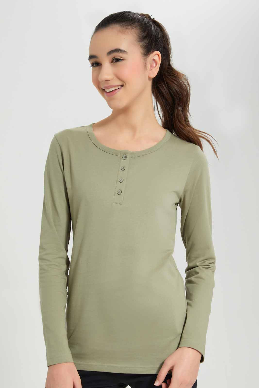 Redtag-Olive-L/s-Front-Half-Placket-Top-Category:T-Shirts,-Colour:Green,-Deals:New-In,-Filter:Senior-Girls-(8-to-14-Yrs),-GSR-T-Shirts,-New-In-GSR-APL,-Non-Sale,-Section:Girls-(0-to-14Yrs),-TBL,-W22A-Senior-Girls-9 to 14 Years