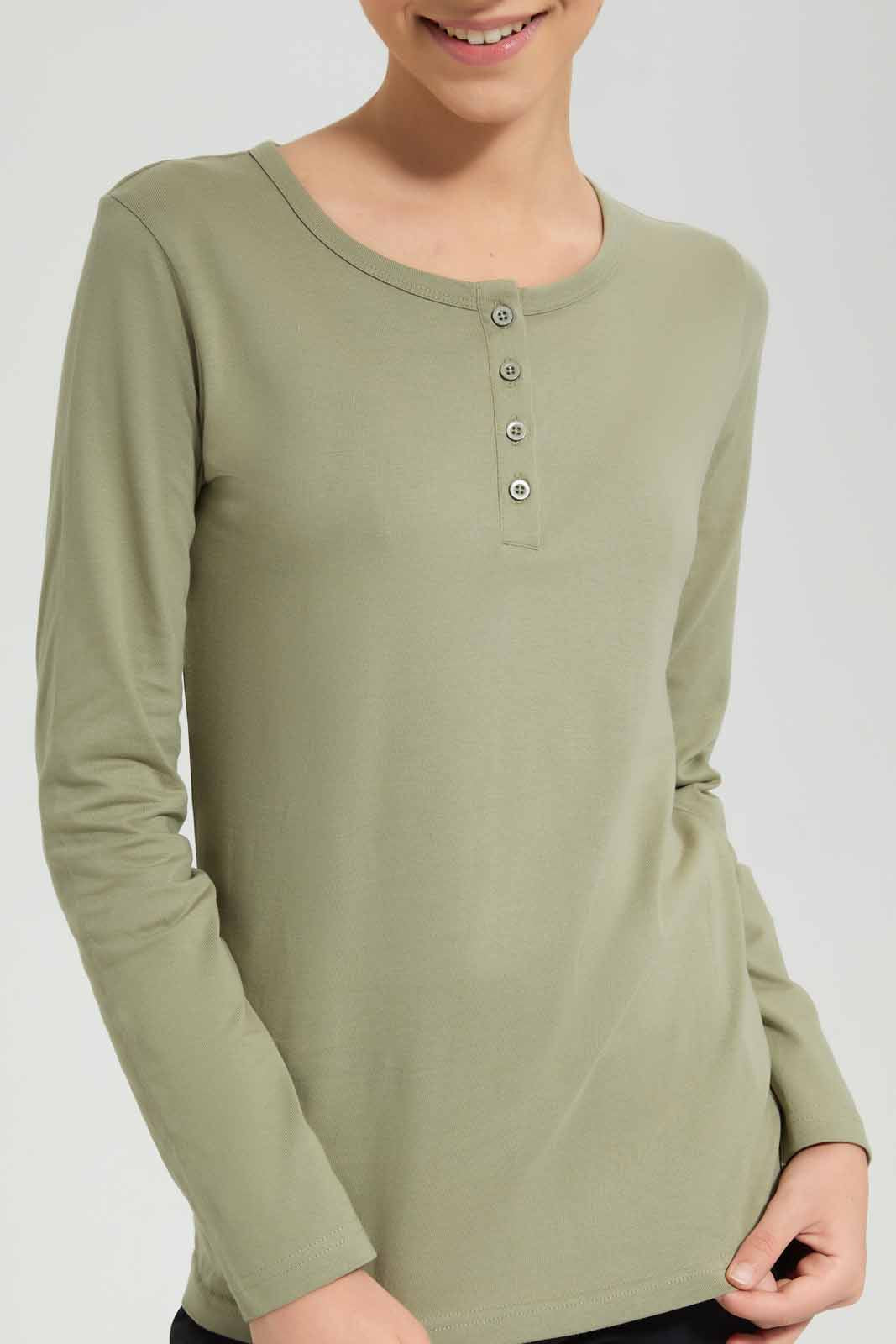Redtag-Olive-L/s-Front-Half-Placket-Top-Category:T-Shirts,-Colour:Green,-Deals:New-In,-Filter:Senior-Girls-(8-to-14-Yrs),-GSR-T-Shirts,-New-In-GSR-APL,-Non-Sale,-Section:Girls-(0-to-14Yrs),-TBL,-W22A-Senior-Girls-9 to 14 Years
