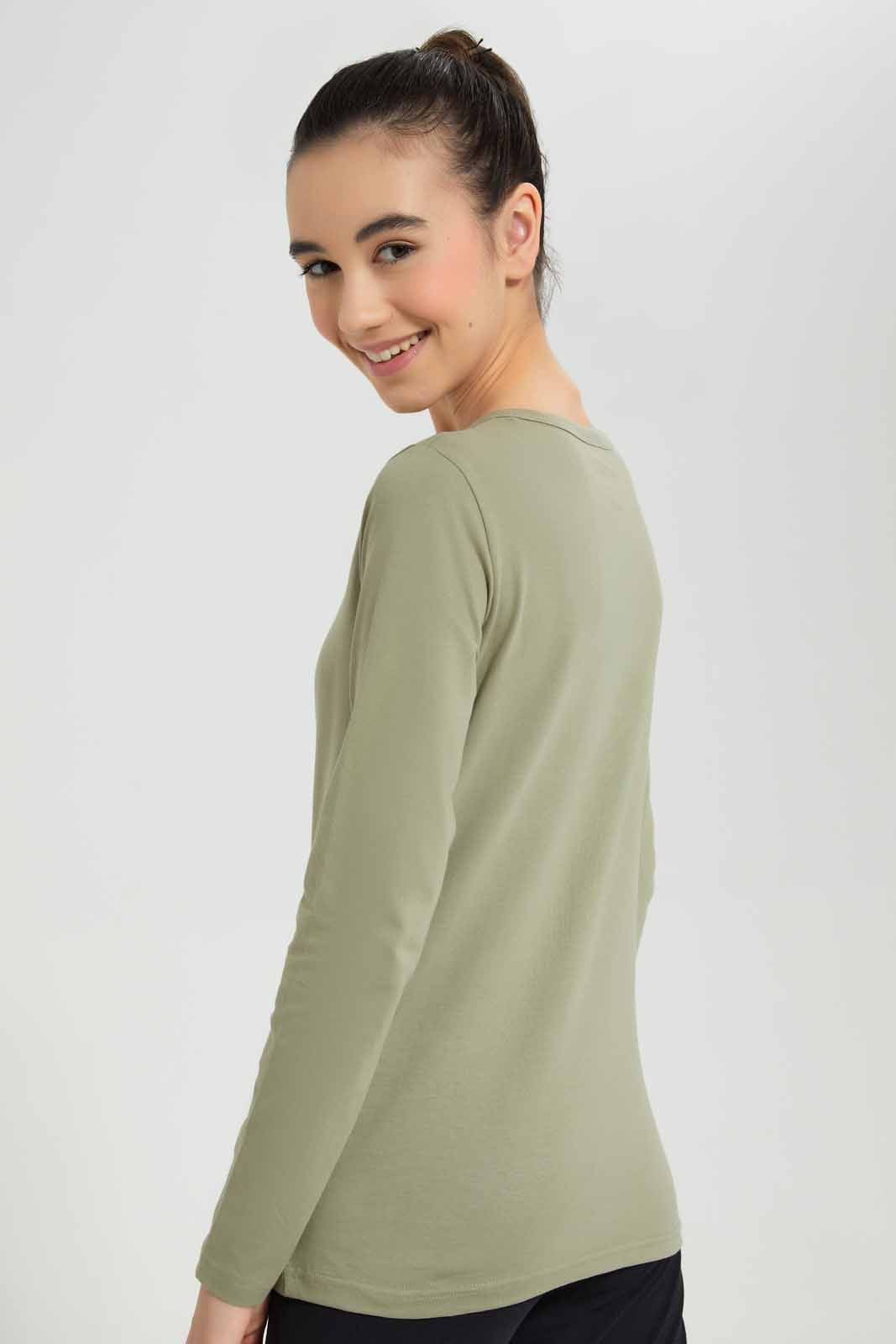 Redtag-Olive-L/s-Front-Half-Placket-Top-Category:T-Shirts,-Colour:Green,-Deals:New-In,-Filter:Senior-Girls-(8-to-14-Yrs),-GSR-T-Shirts,-New-In-GSR-APL,-Non-Sale,-Section:Girls-(0-to-14Yrs),-TBL,-W22A-Senior-Girls-9 to 14 Years