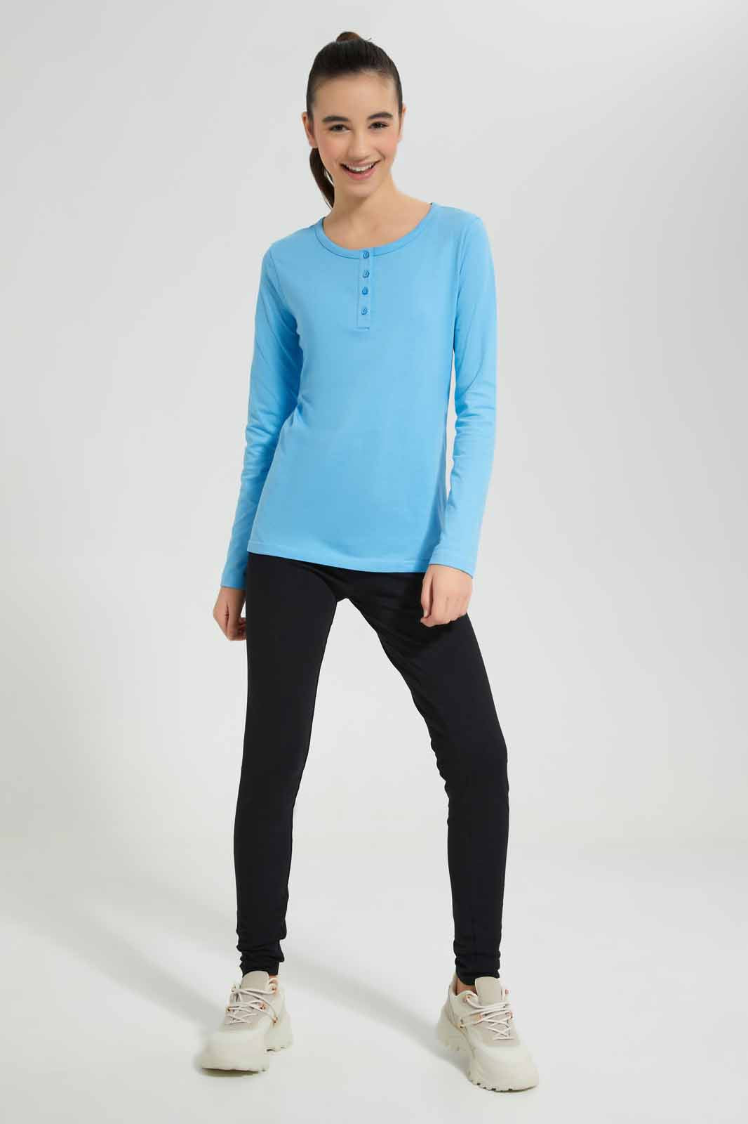 Redtag-Blue-L/s-Front-Half-Placket-Top-Category:T-Shirts,-Colour:Blue,-Deals:New-In,-Filter:Senior-Girls-(8-to-14-Yrs),-GSR-T-Shirts,-New-In-GSR-APL,-Non-Sale,-Section:Girls-(0-to-14Yrs),-TBL,-W22A-Senior-Girls-9 to 14 Years