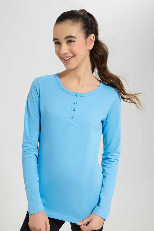 Redtag-Blue-L/s-Front-Half-Placket-Top-Category:T-Shirts,-Colour:Blue,-Deals:New-In,-Filter:Senior-Girls-(8-to-14-Yrs),-GSR-T-Shirts,-New-In-GSR-APL,-Non-Sale,-Section:Girls-(0-to-14Yrs),-TBL,-W22A-Senior-Girls-9 to 14 Years