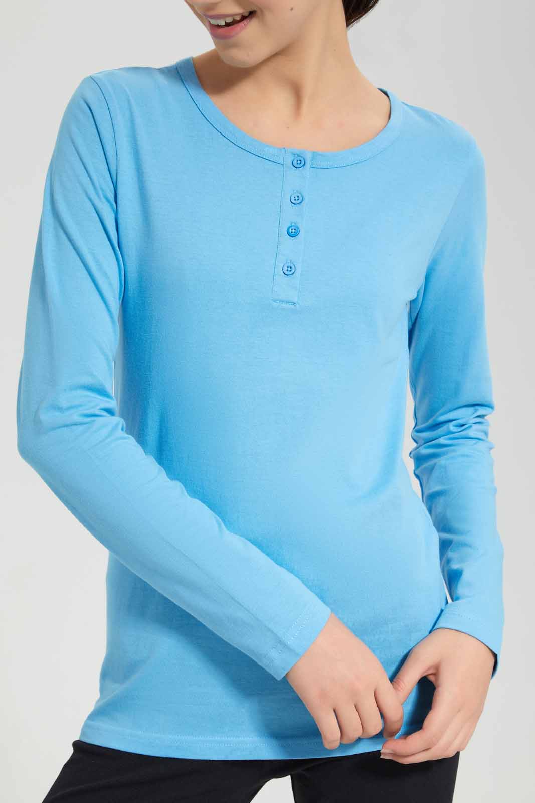 Redtag-Blue-L/s-Front-Half-Placket-Top-Category:T-Shirts,-Colour:Blue,-Deals:New-In,-Filter:Senior-Girls-(8-to-14-Yrs),-GSR-T-Shirts,-New-In-GSR-APL,-Non-Sale,-Section:Girls-(0-to-14Yrs),-TBL,-W22A-Senior-Girls-9 to 14 Years