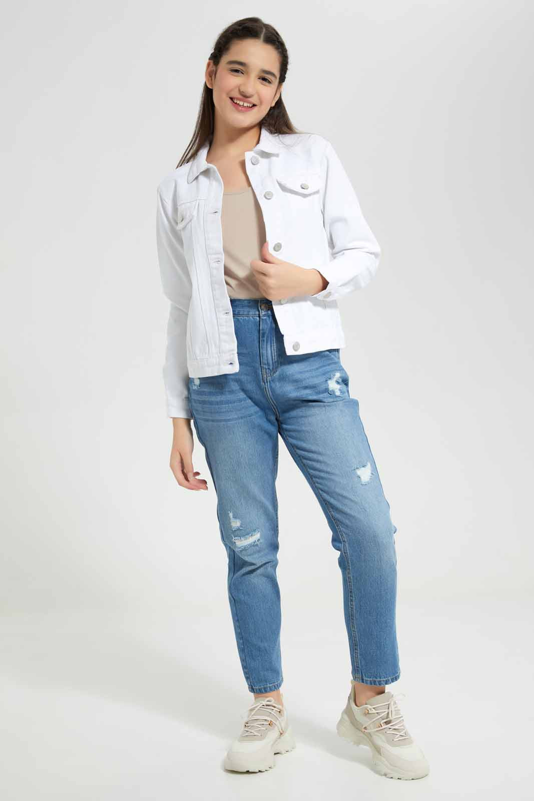 Redtag-White-Denim-Jacket-Category:Jackets,-Colour:White,-Deals:New-In,-Filter:Senior-Girls-(8-to-14-Yrs),-GSR-Jackets,-New-In-GSR-APL,-Non-Sale,-Section:Girls-(0-to-14Yrs),-W22A-Senior-Girls-9 to 14 Years