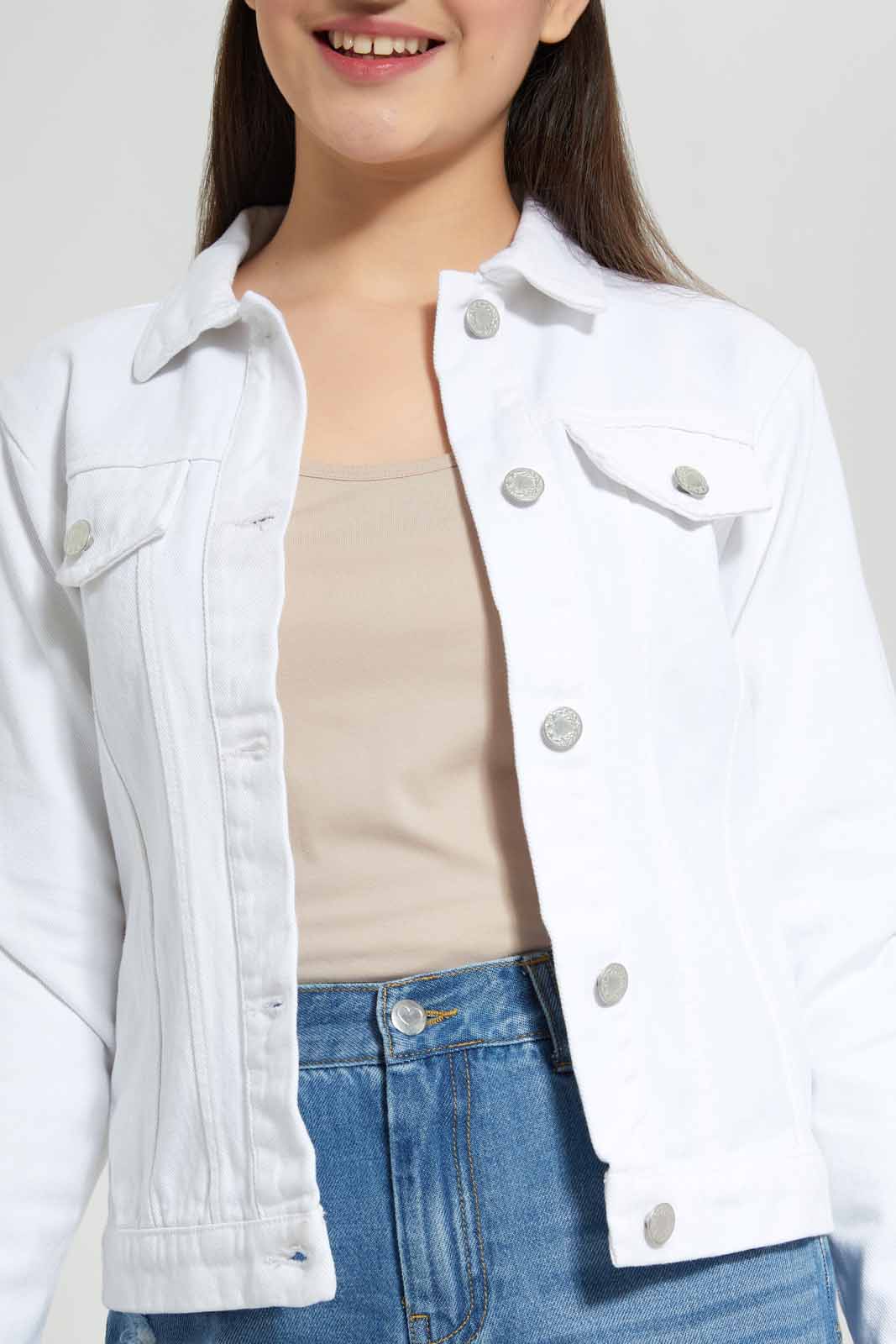 Redtag-White-Denim-Jacket-Category:Jackets,-Colour:White,-Deals:New-In,-Filter:Senior-Girls-(8-to-14-Yrs),-GSR-Jackets,-New-In-GSR-APL,-Non-Sale,-Section:Girls-(0-to-14Yrs),-W22A-Senior-Girls-9 to 14 Years