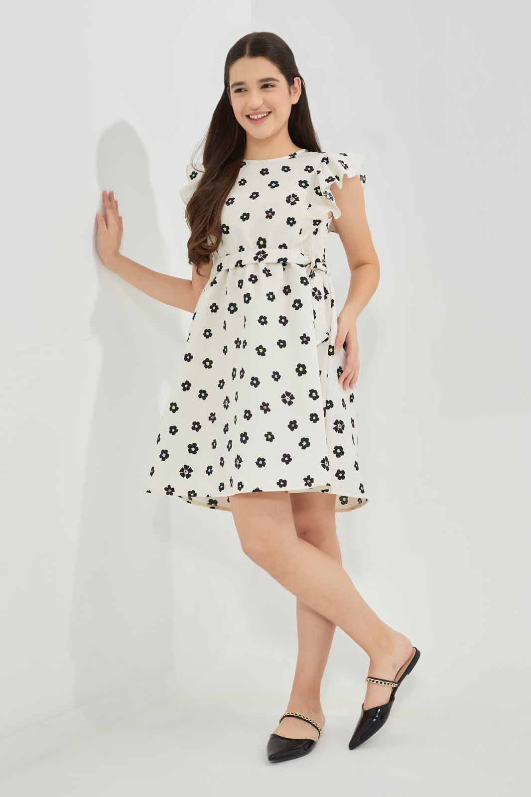 Redtag-White/Black-Plaid-Ruffled-Front-Category:Dresses,-Colour:Assorted,-Deals:New-In,-Filter:Senior-Girls-(8-to-14-Yrs),-GSR-Dresses,-New-In-GSR-APL,-Non-Sale,-Section:Girls-(0-to-14Yrs),-W22A-Senior-Girls-9 to 14 Years