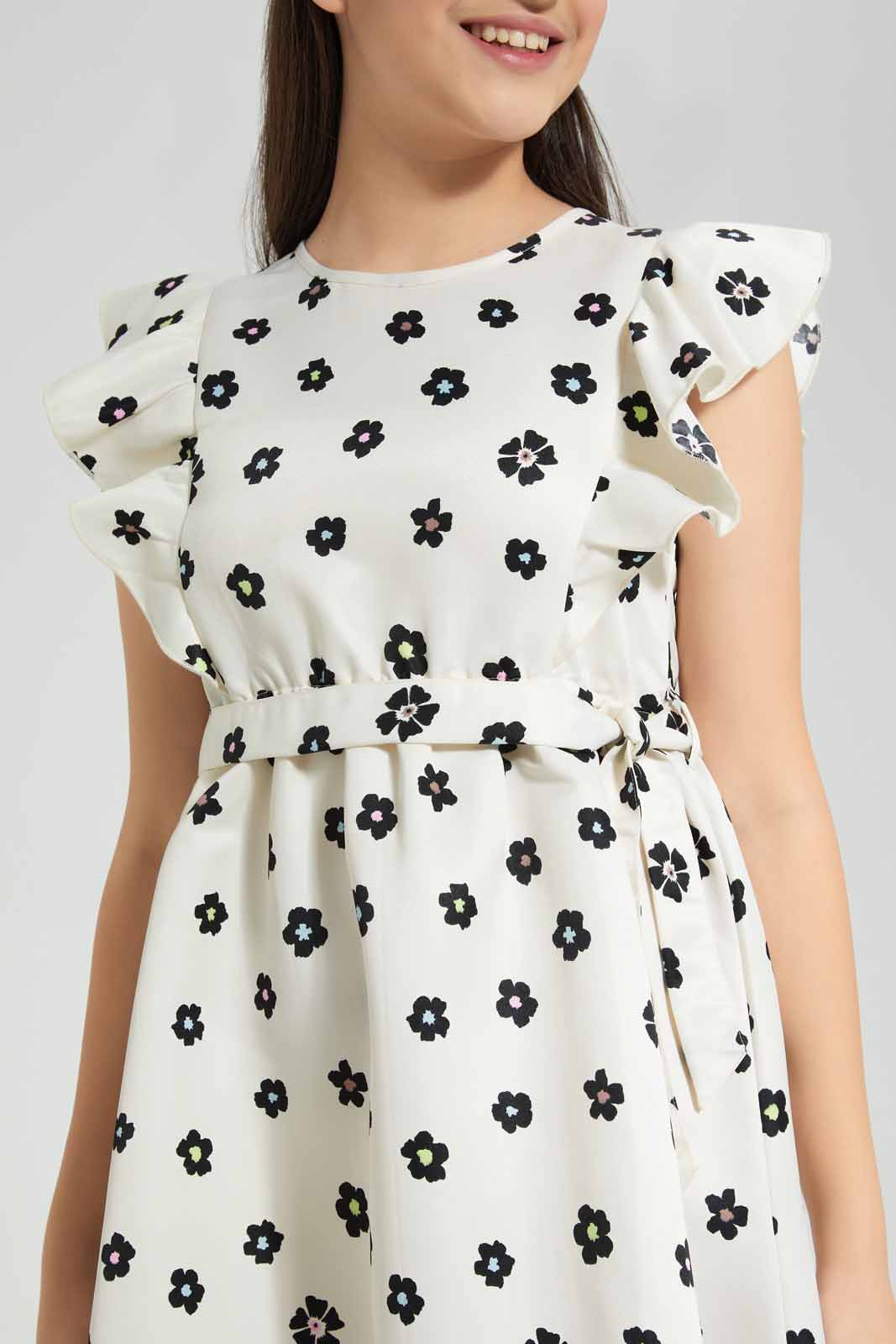 Redtag-White/Black-Plaid-Ruffled-Front-Category:Dresses,-Colour:Assorted,-Deals:New-In,-Filter:Senior-Girls-(8-to-14-Yrs),-GSR-Dresses,-New-In-GSR-APL,-Non-Sale,-Section:Girls-(0-to-14Yrs),-W22A-Senior-Girls-9 to 14 Years