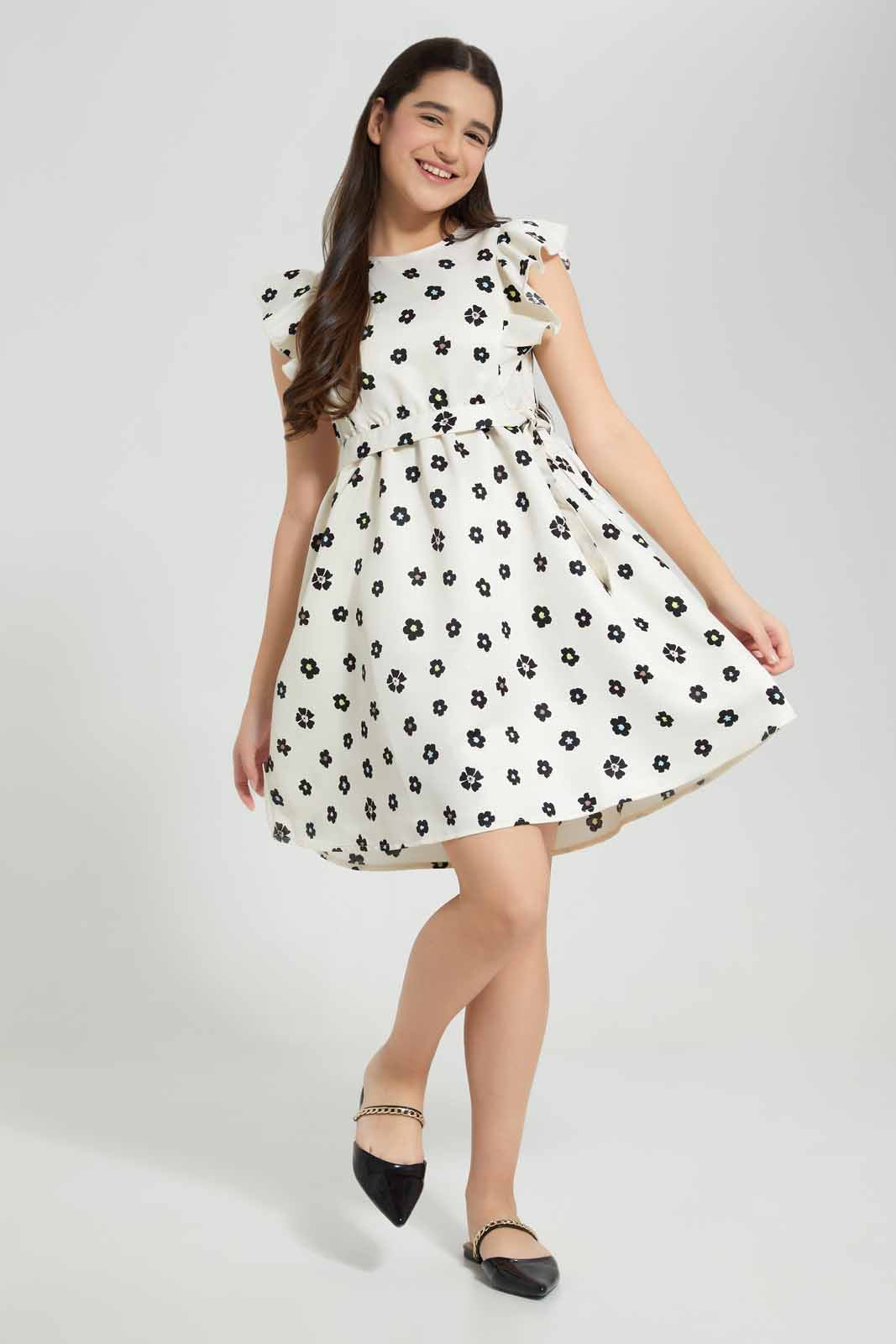 Redtag-White/Black-Plaid-Ruffled-Front-Category:Dresses,-Colour:Assorted,-Deals:New-In,-Filter:Senior-Girls-(8-to-14-Yrs),-GSR-Dresses,-New-In-GSR-APL,-Non-Sale,-Section:Girls-(0-to-14Yrs),-W22A-Senior-Girls-9 to 14 Years