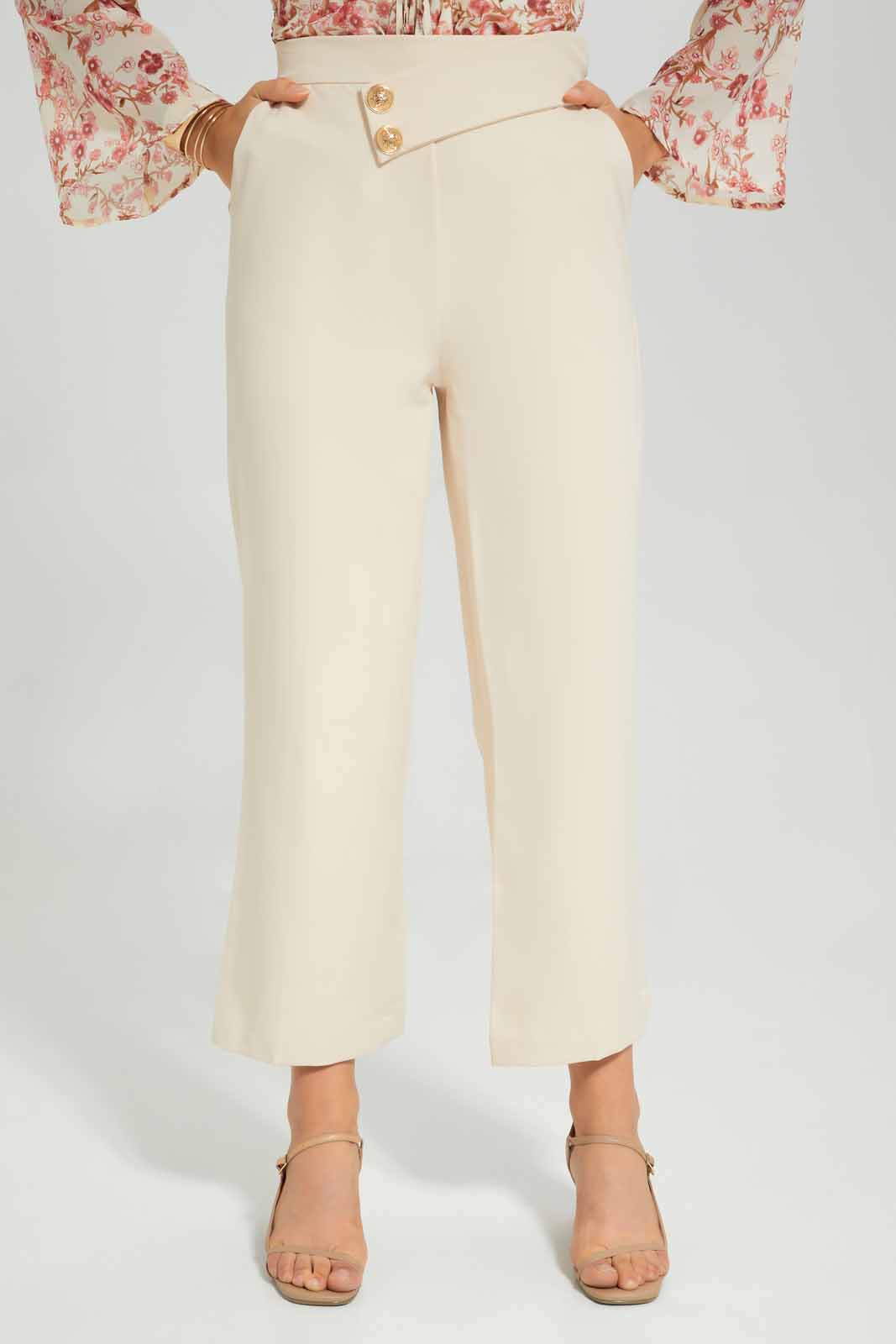 Redtag-Beige-Waistband-Button-Detail-Wide-Leg-Trouser-Category:Trousers,-Colour:Beige,-Deals:New-In,-Filter:Women's-Clothing,-New-In-Women-APL,-Non-Sale,-Section:Women,-W22A,-Women-Trousers-Women's-