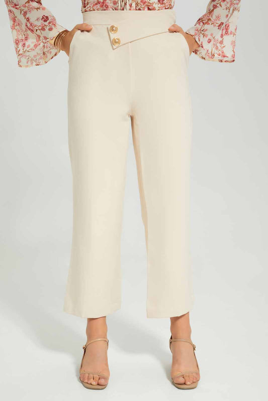 Redtag-Beige-Waistband-Button-Detail-Wide-Leg-Trouser-Category:Trousers,-Colour:Beige,-Deals:New-In,-Filter:Women's-Clothing,-New-In-Women-APL,-Non-Sale,-Section:Women,-W22A,-Women-Trousers-Women's-