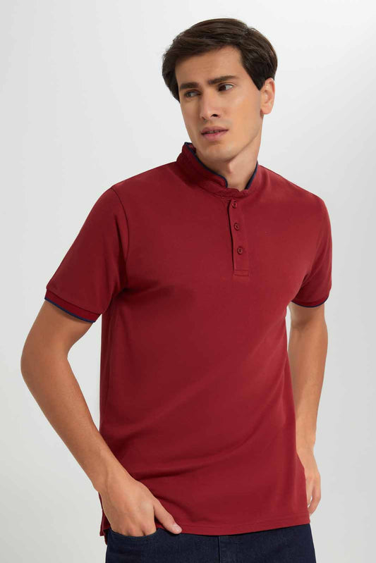 Redtag-Burgandy-Standup-Collar-Polo-Shirt-Category:Polo-T-Shirts,-Colour:Burgundy,-Deals:New-In,-Filter:Men's-Clothing,-Men-Polo-T-Shirts,-New-In-Men-APL,-Non-Sale,-Section:Men,-TBL,-W22A-Men's-